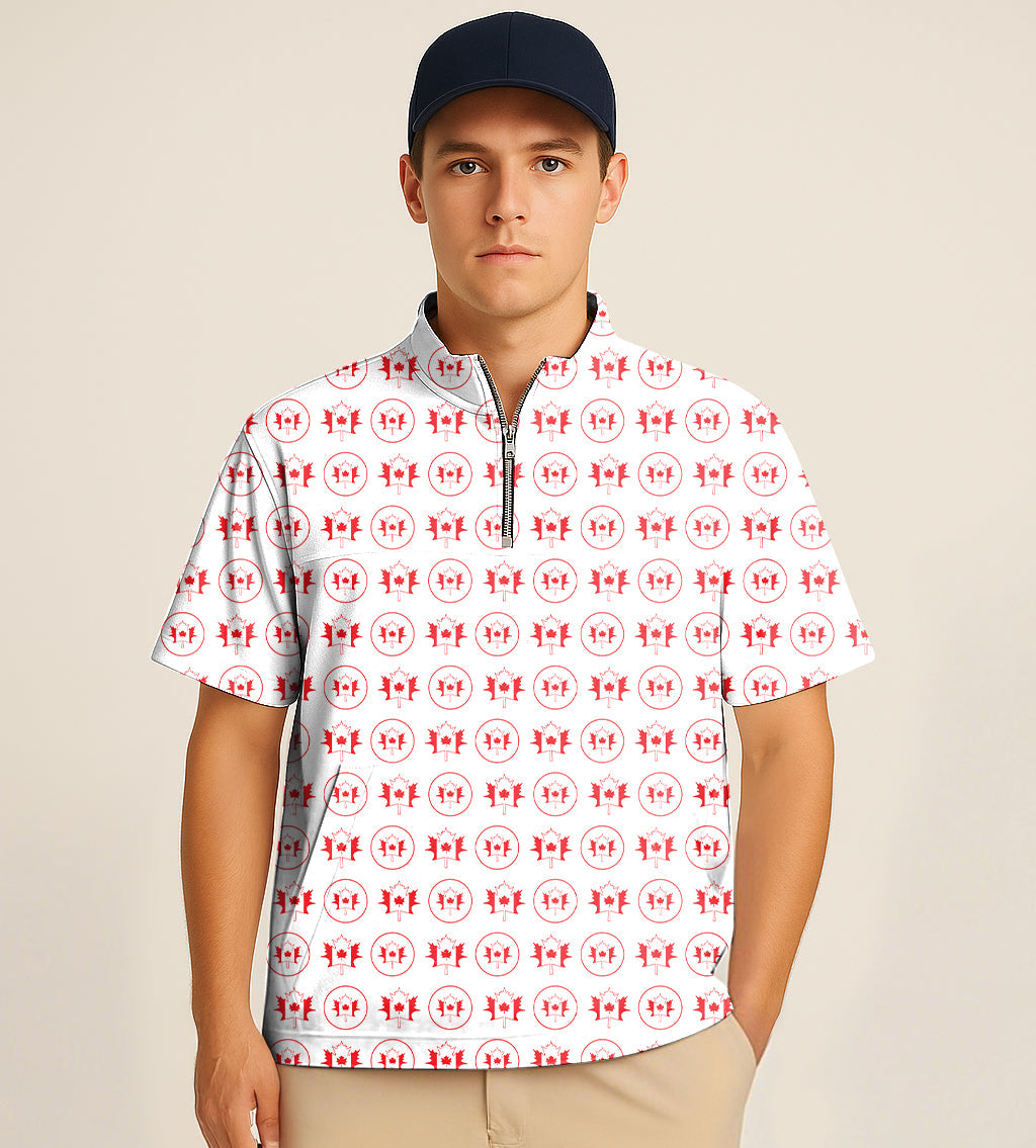 Half zipper turtleneck golf shirt with Canada maple leaves embroidery pattern