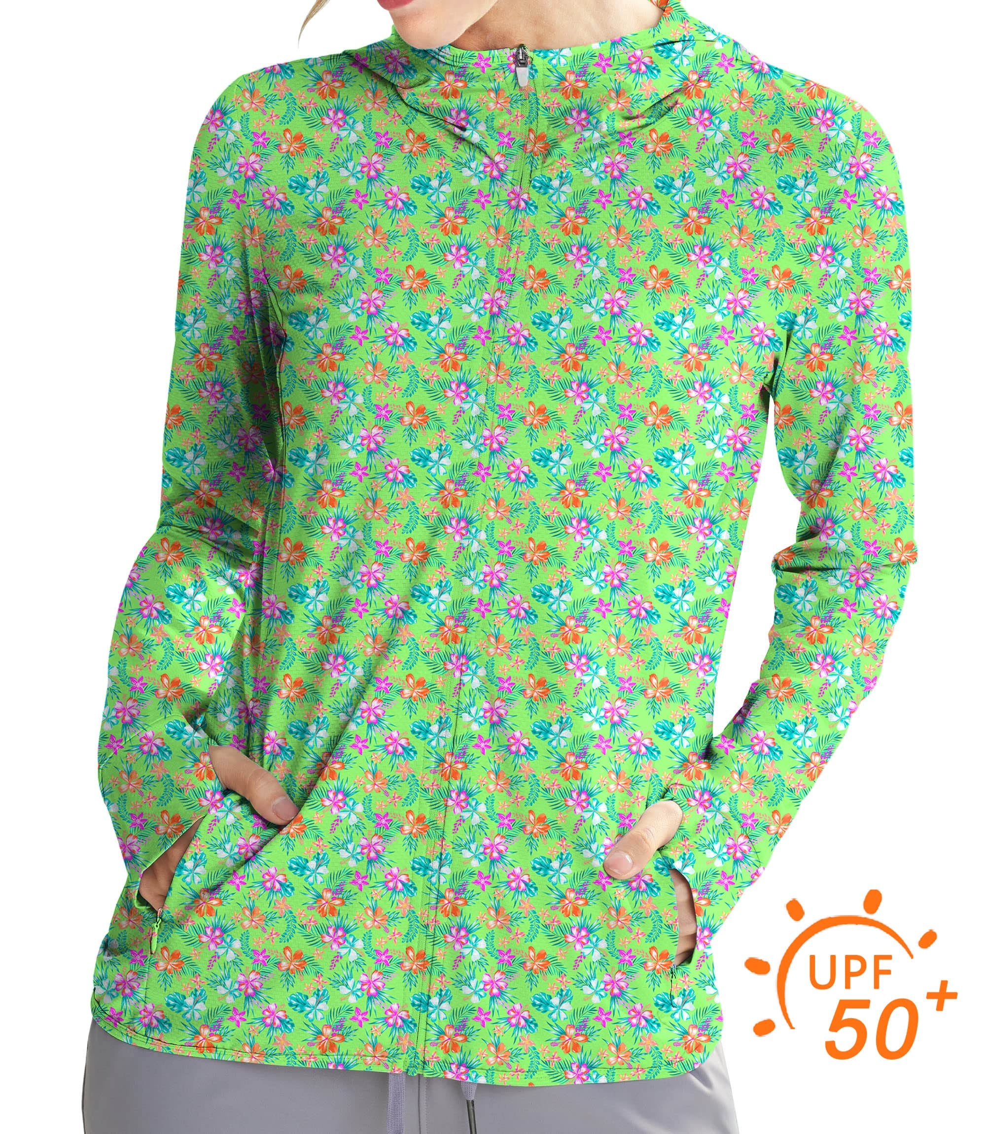 Women's Outdoor Vibrant Blossom golf sun protection slim fit zip hoodie with floral pattern and UPF 50+ protection
