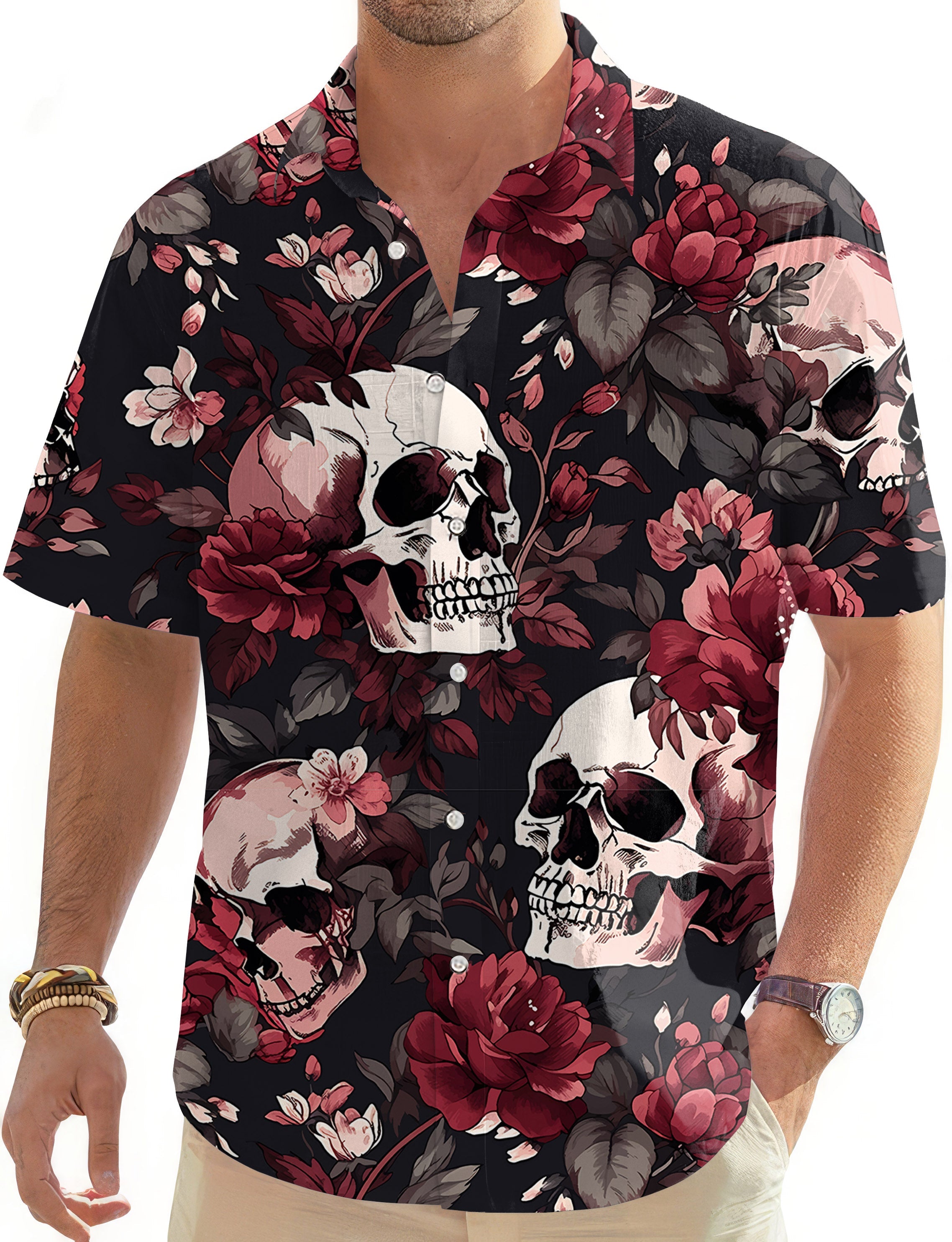 Men's Halloween floral skull Hawaiian button-down golf shirt with red flowers