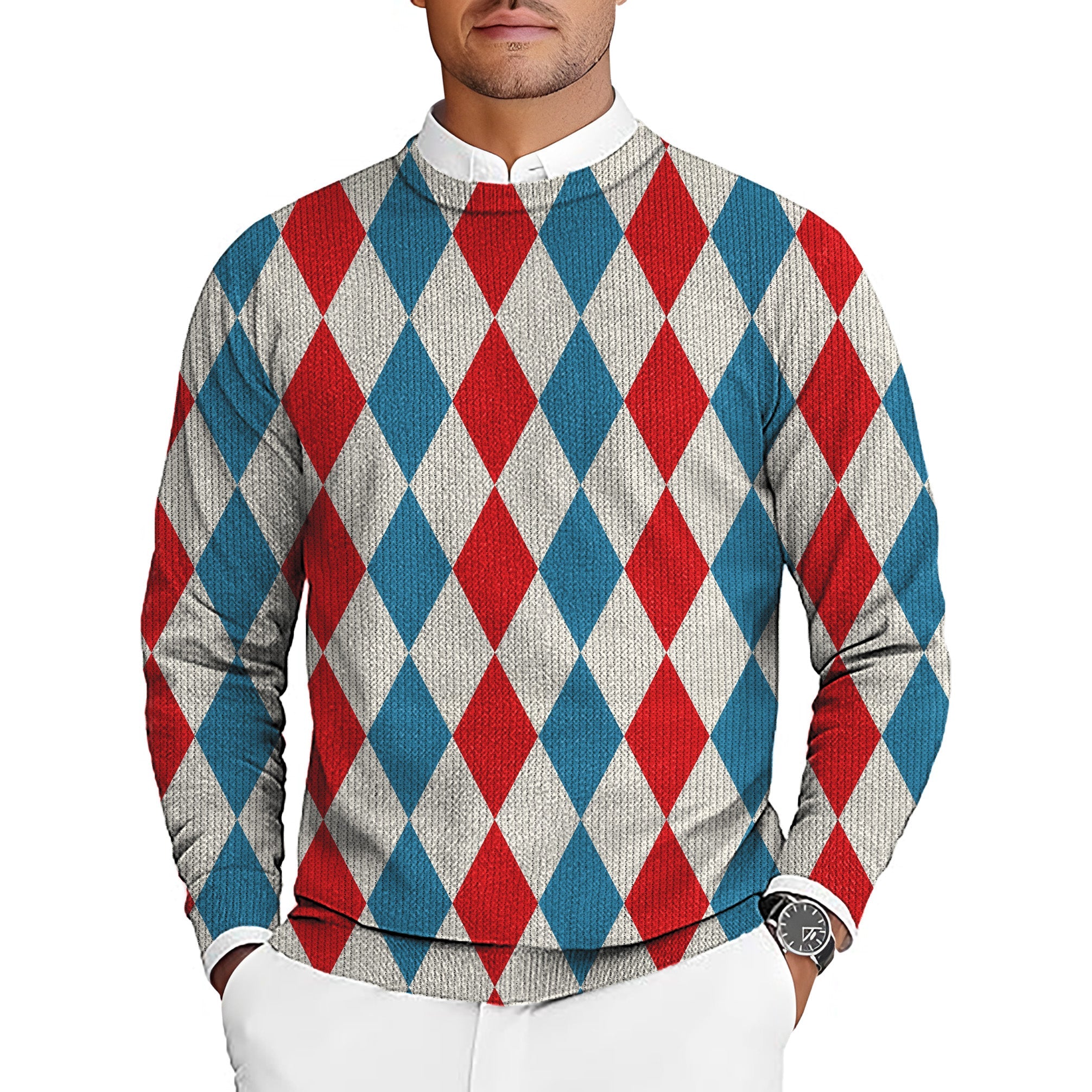 Geometric checkerboard argyle men's golf crewneck pullover sweater with red, blue, and white diamond pattern