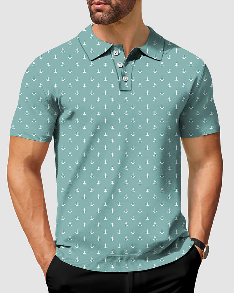 Men's green blue anchor polo shirt with button collar and anchor pattern, made of wrinkle-resistant, moisture-wicking fabric with four-way stretch and UPF 40+ protection