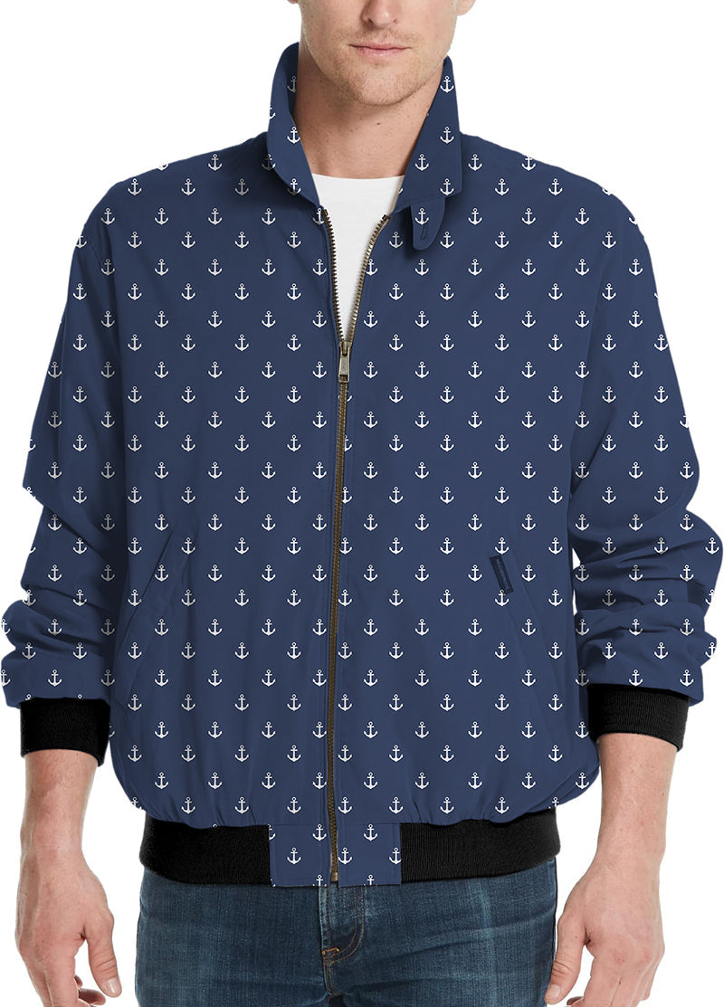 Dark blue men's golf windbreaker jacket with white anchor pattern and zipper front