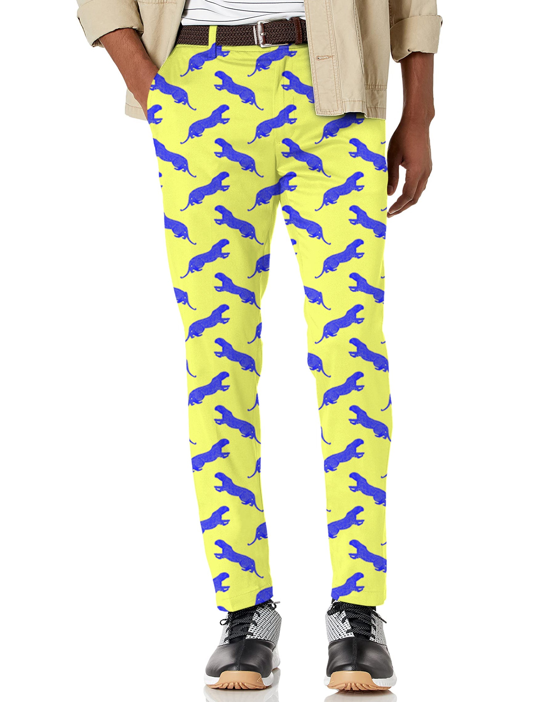 Men's blue leopard print stretch golf pants with moisture-wicking fabric and active waistband