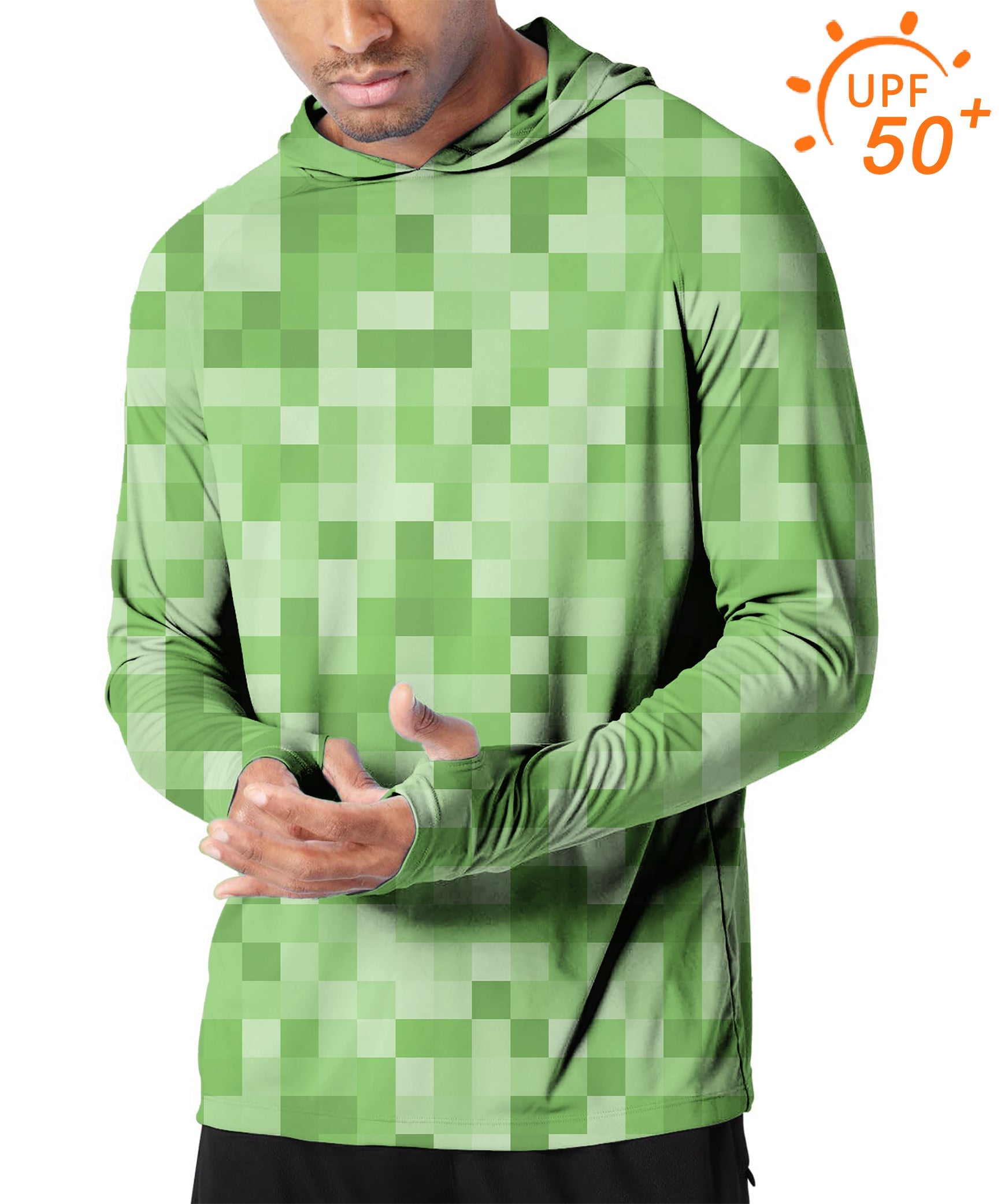 Men's outdoor light green pixel golf hoodie with UPF 50+ sun protection and slim fit design