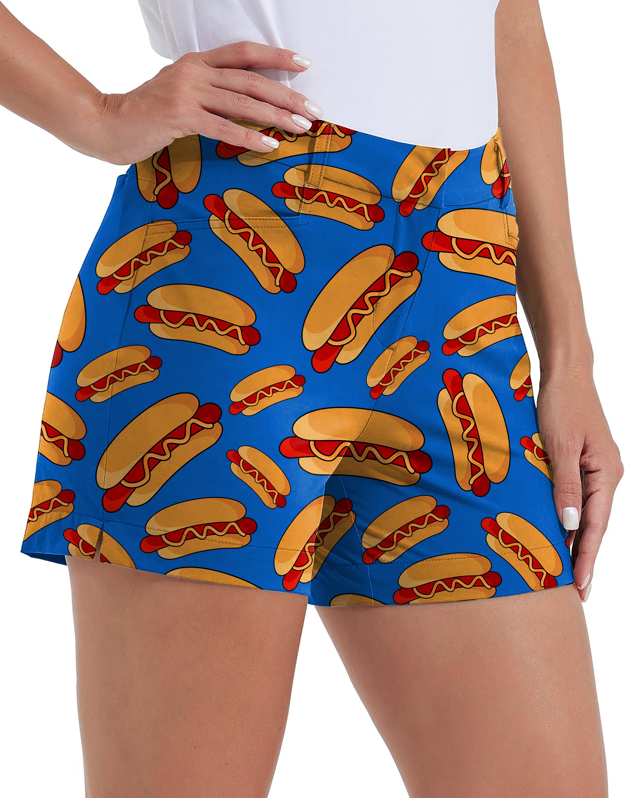 The Dogs Polo women's quick-drying golf shorts with hot dog print and pockets