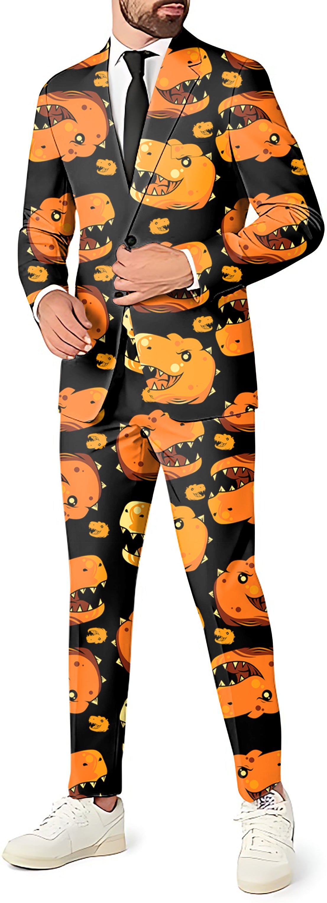 Men's Dino Heads party suit with blazer, pants, and vest in a playful dinosaur print