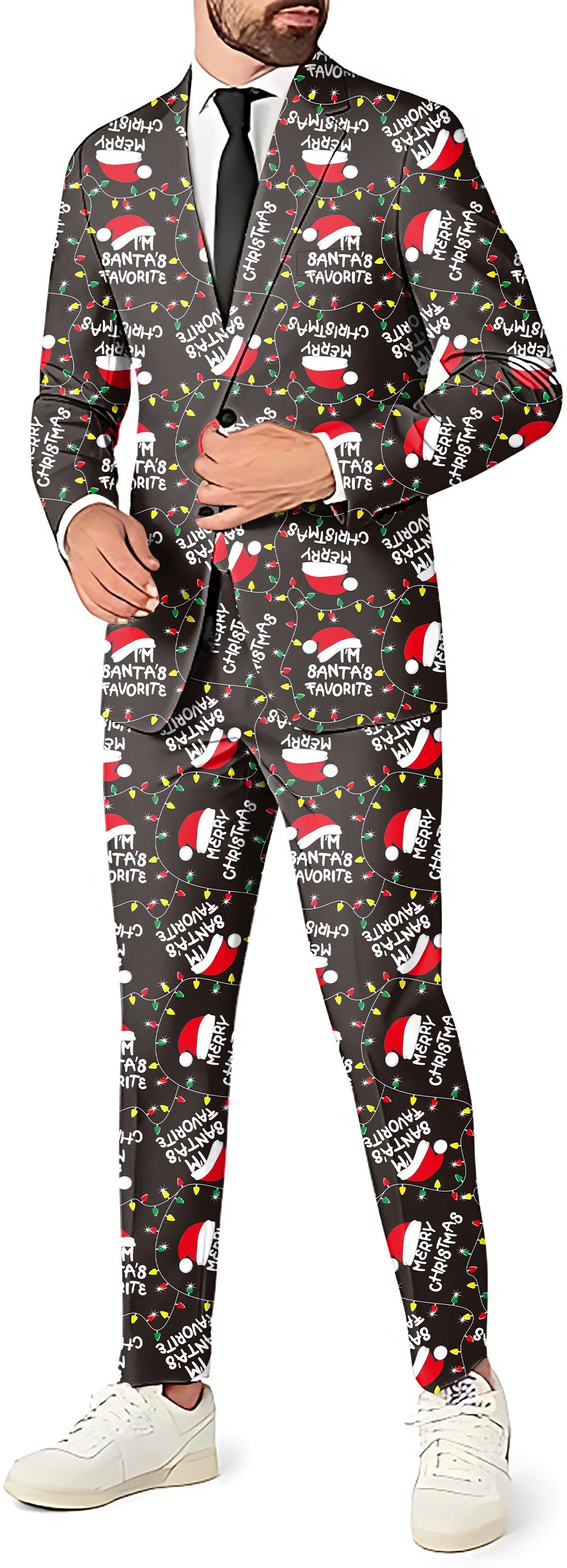 Merry Christmas men's blazer suit with festive holiday print, slim fit party costume set including blazer, pants, and vest