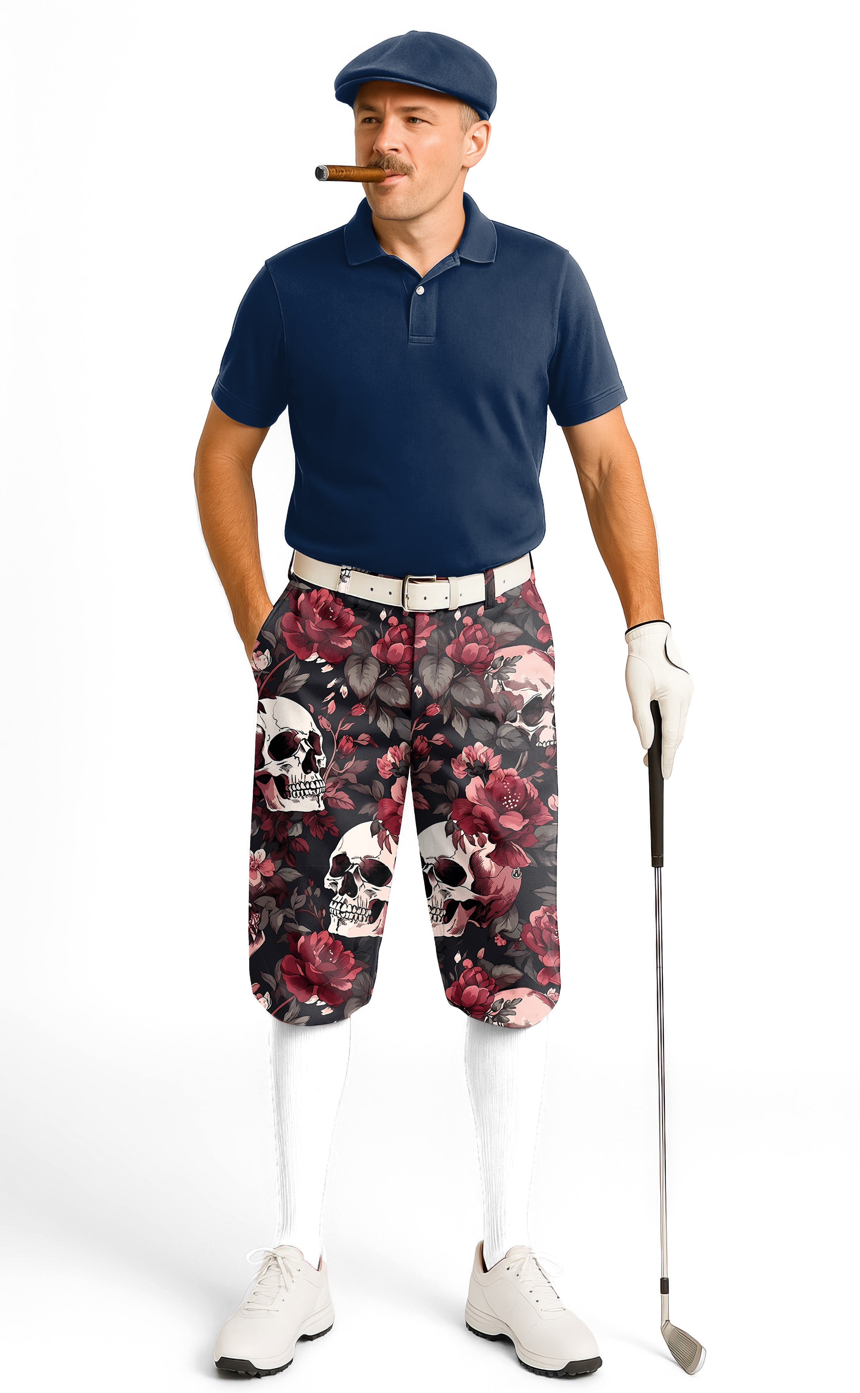 Men's golf knickers with Halloween floral skull design featuring snug ankle cuffs and performance fabric