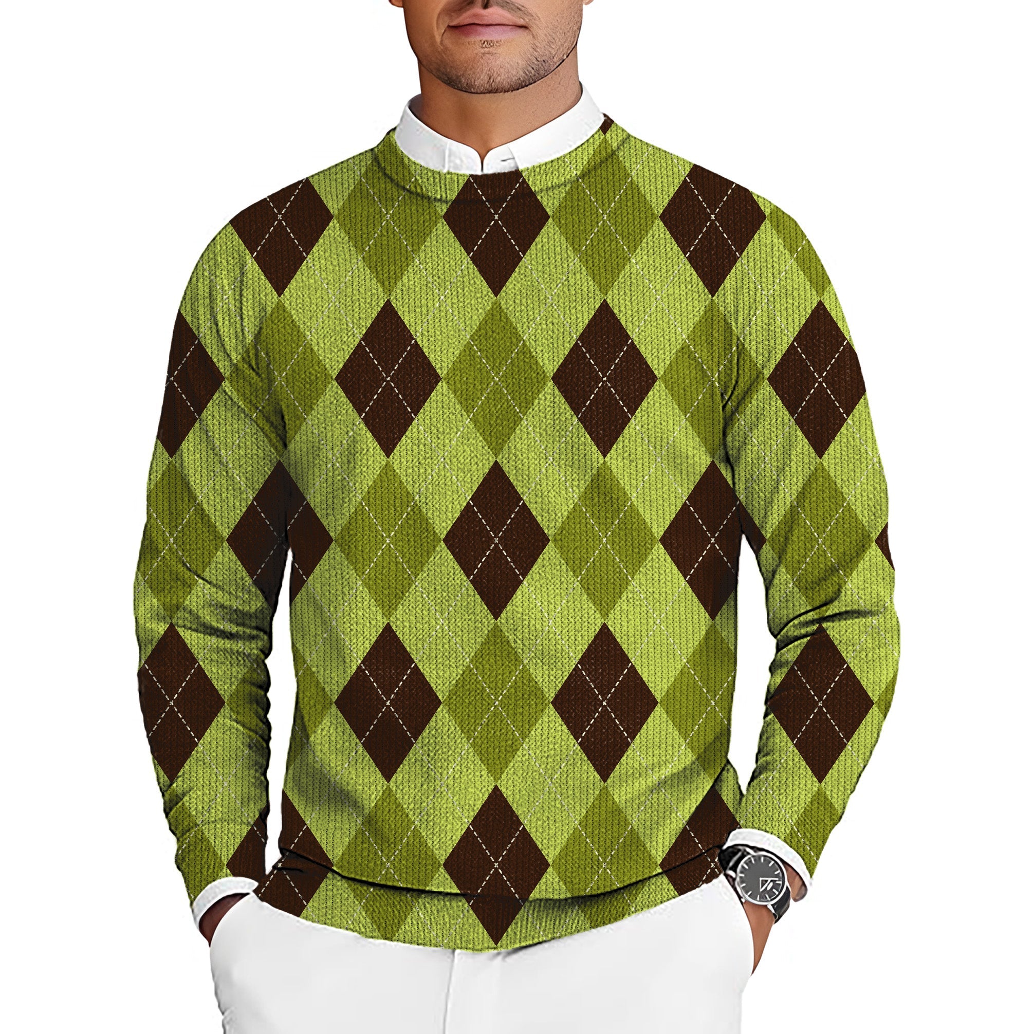 Yollow Argyle men's golf crewneck pullover sweater with green and brown argyle pattern