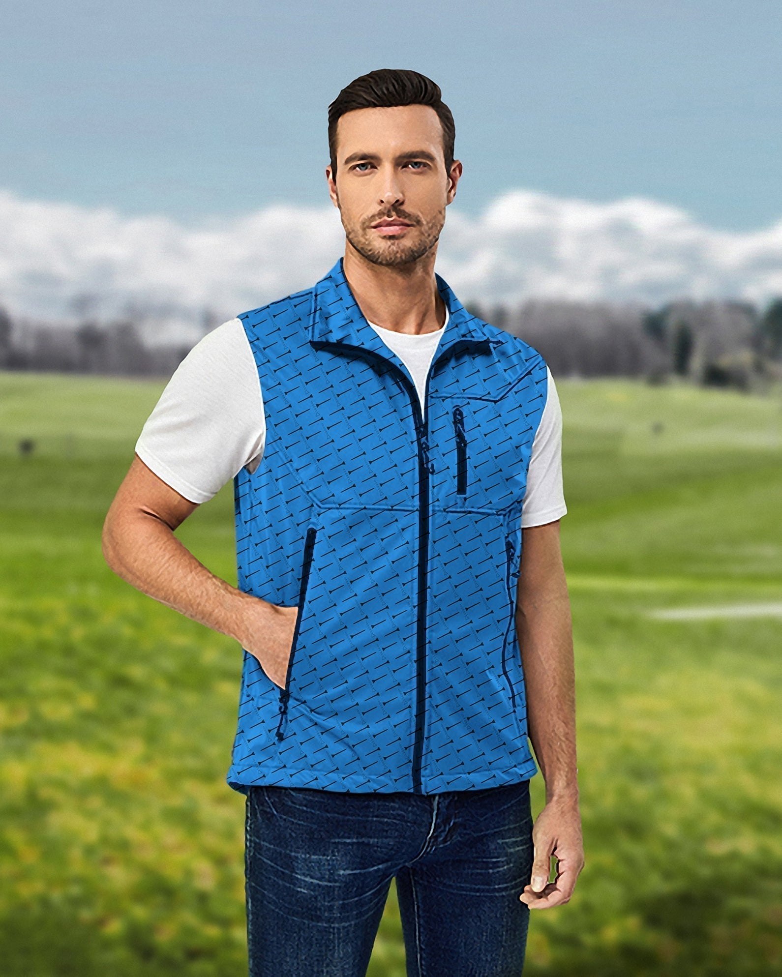 Men's custom lightweight blue softshell vest sleeveless jacket for golf, windproof and waterproof
