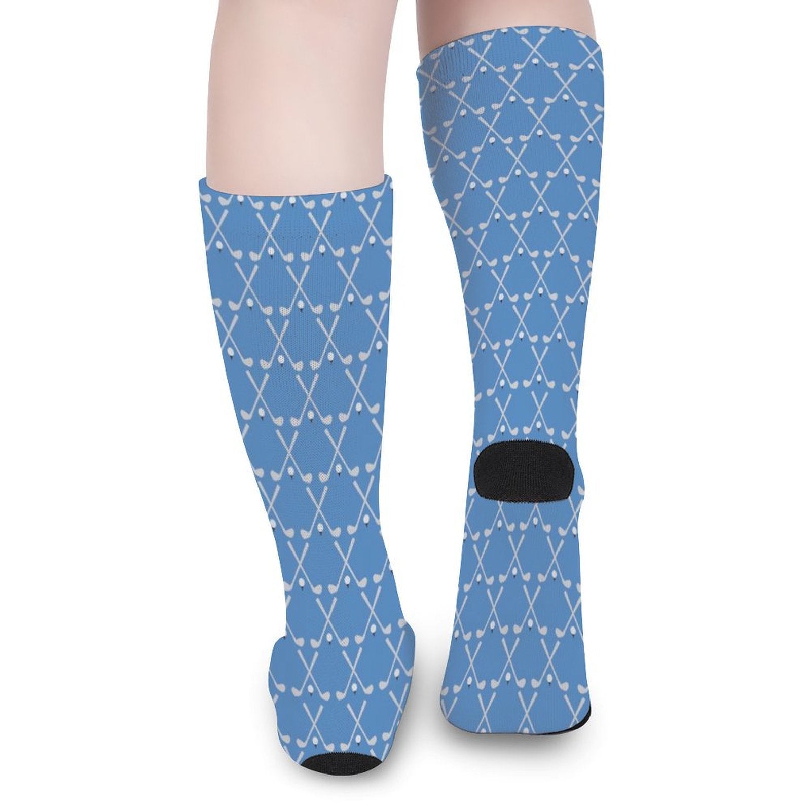 Blue crew socks with white cross hockey sticks pattern and cushioned sole for comfort, ideal tap prined sock gifts for men and women