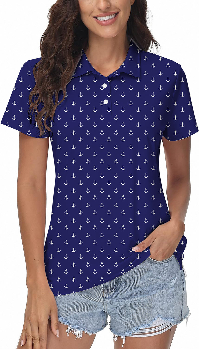 Royal Anchor Women's Golf Polo navy blue with white anchor print, moisture-wicking, wrinkle-resistant, UPF 40+ protection, classic fit and stay-right collar.