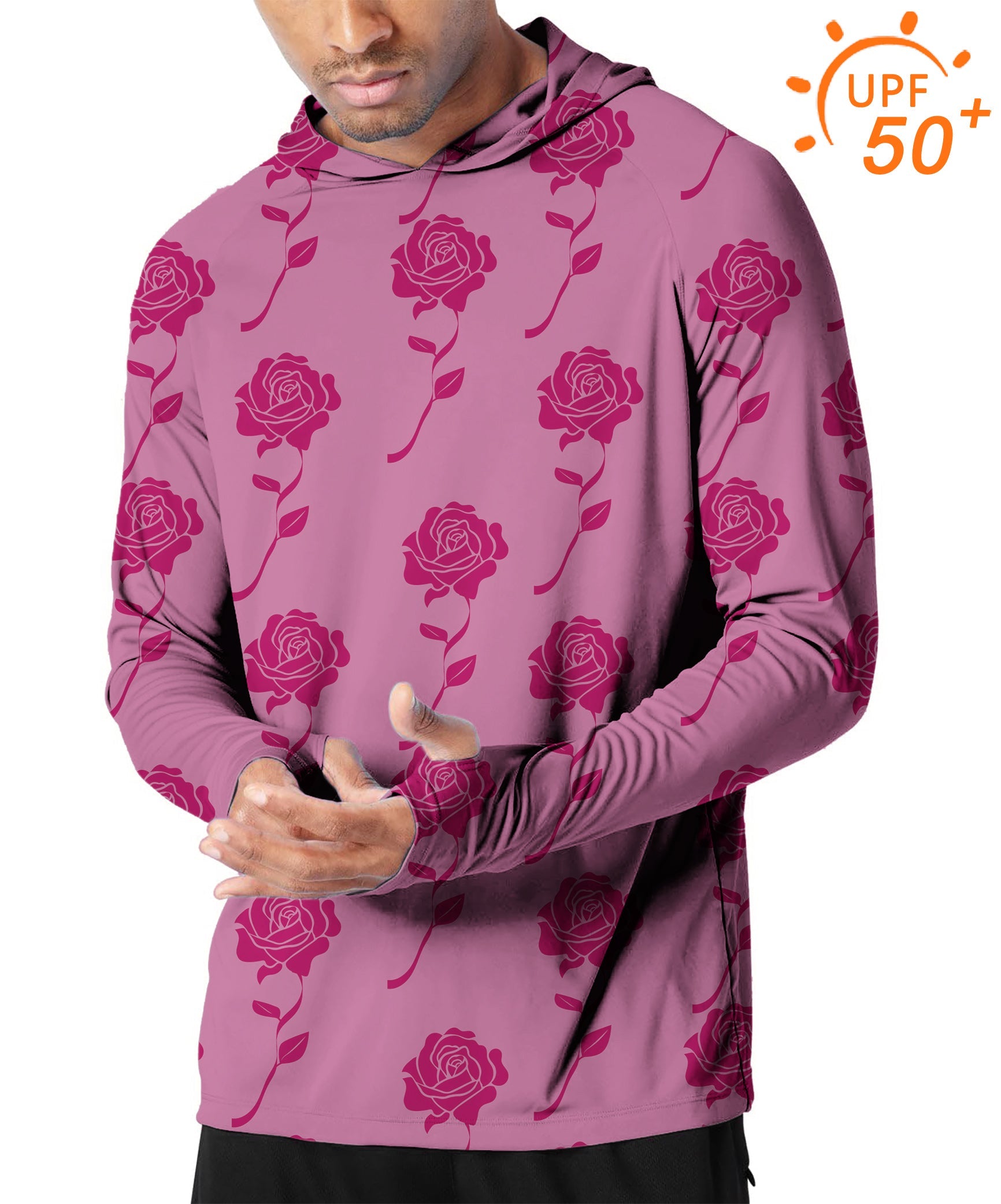 Men's outdoor red roses slim fit hoodie with UPF 50+ sun protection and thumb holes