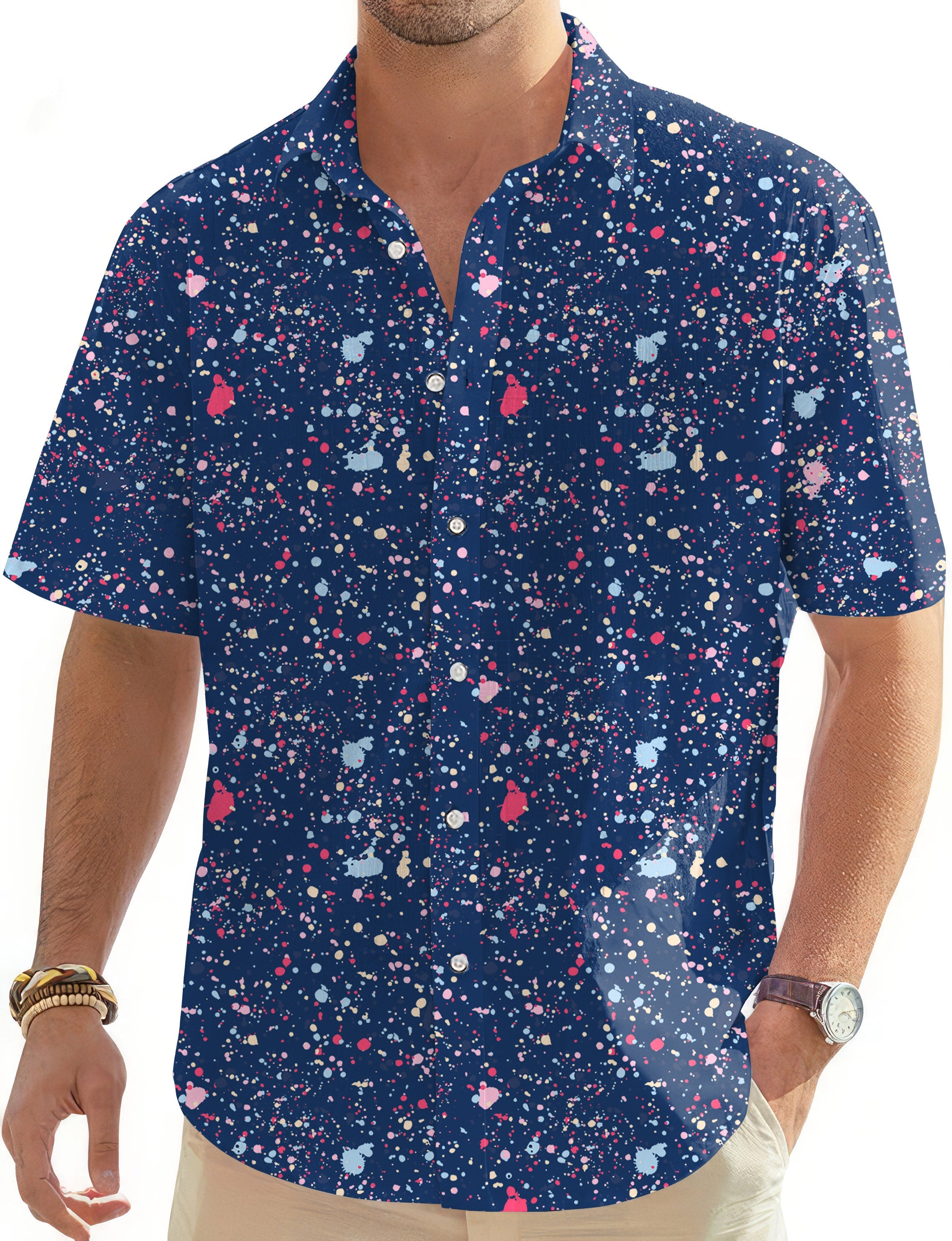 Men's navy blue ink dots short sleeve golf Hawaiian shirt with button-down and classic collar