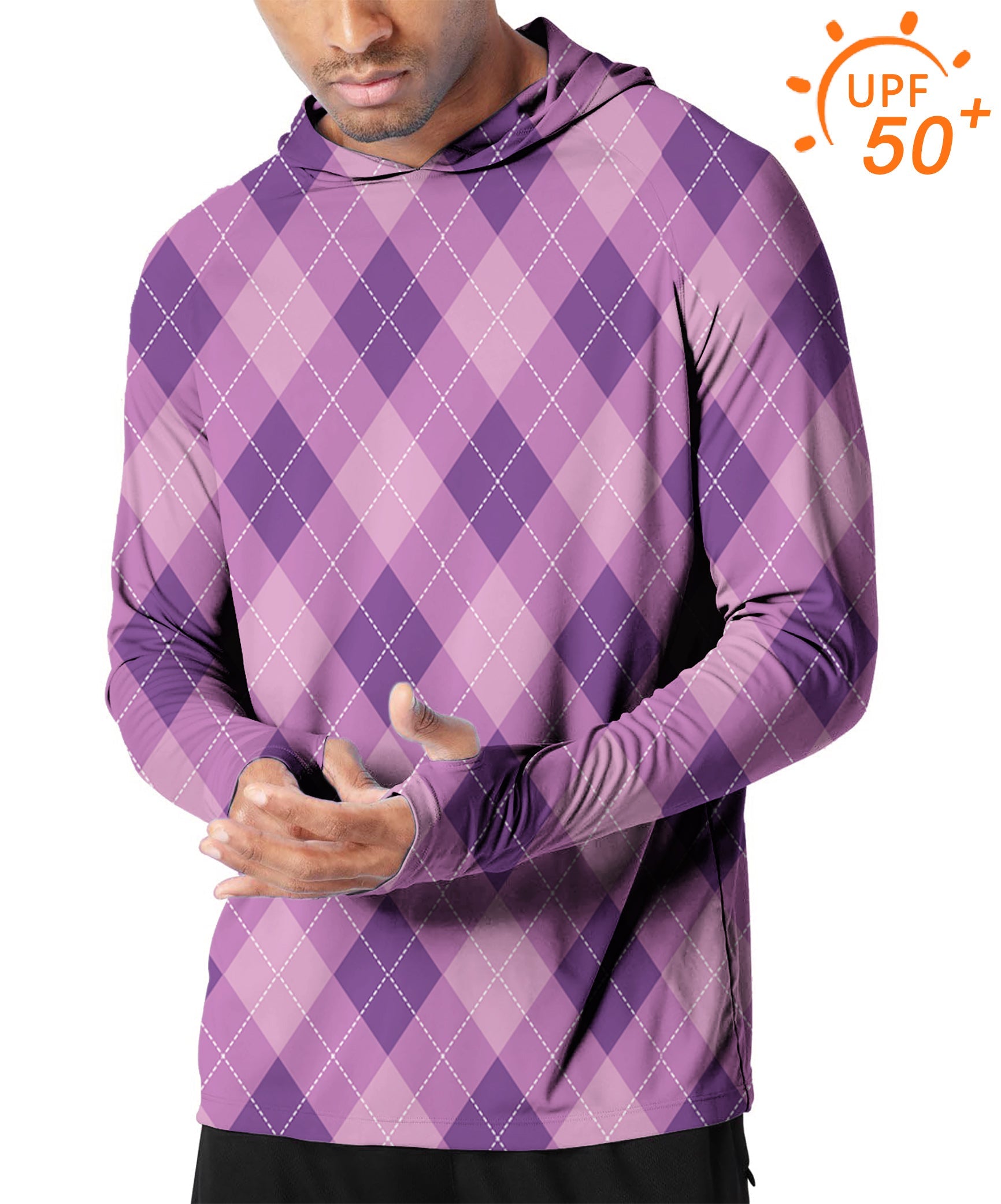 Men's outdoor purple argyle slim fit golf hoodie with UPF 50+ sun protection
