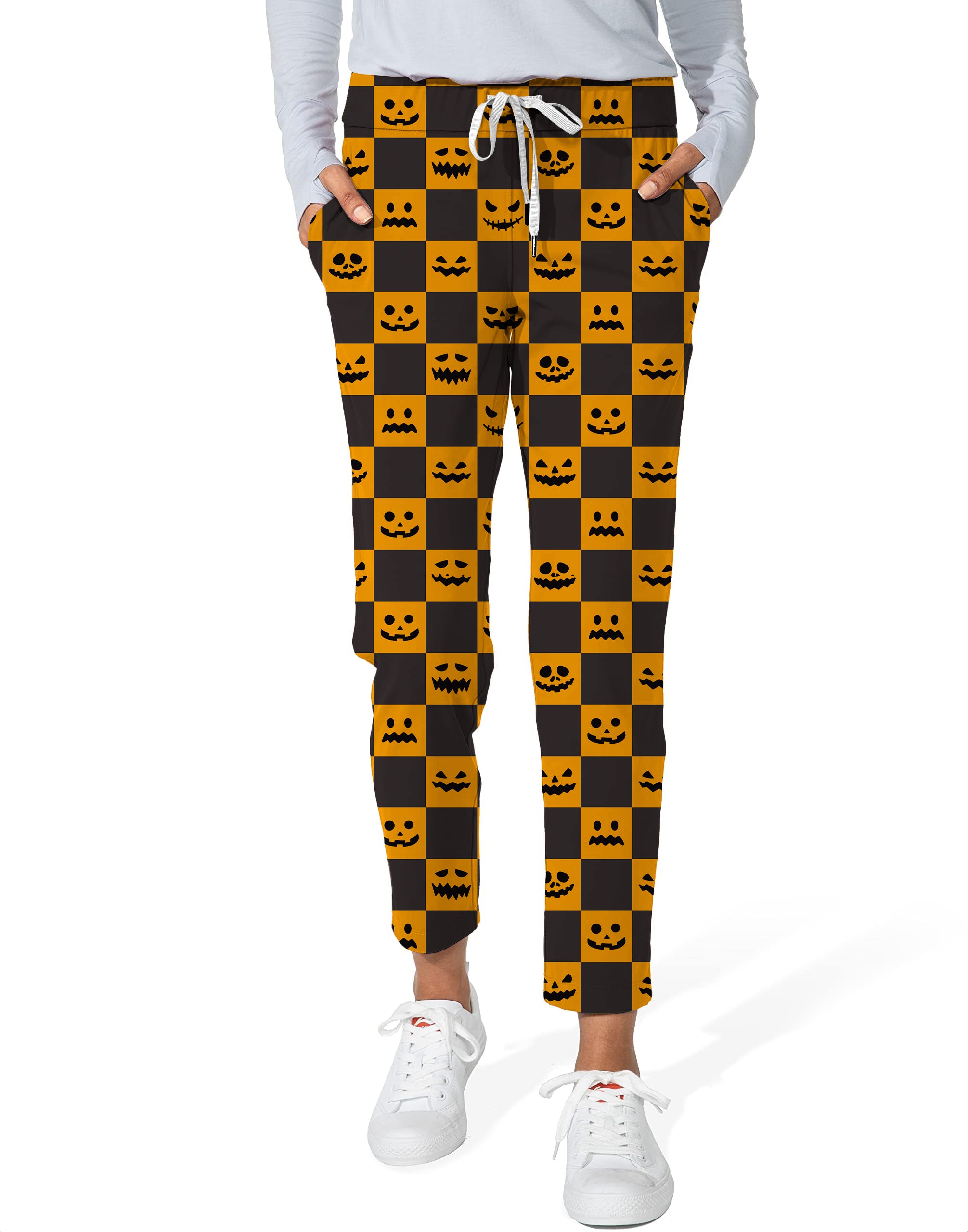 Halloween black and yellow checkerboard pumpkin Women's 7/8 Stretch Ankle Golf Pants