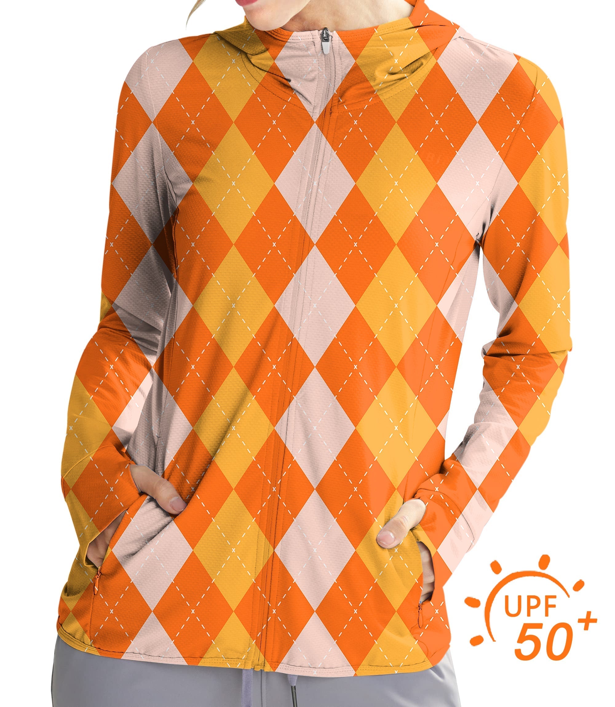 Women's outdoor Halloween orange apricot argyle golf sun protection slim fit zip hoodie with UPF 50+ protection