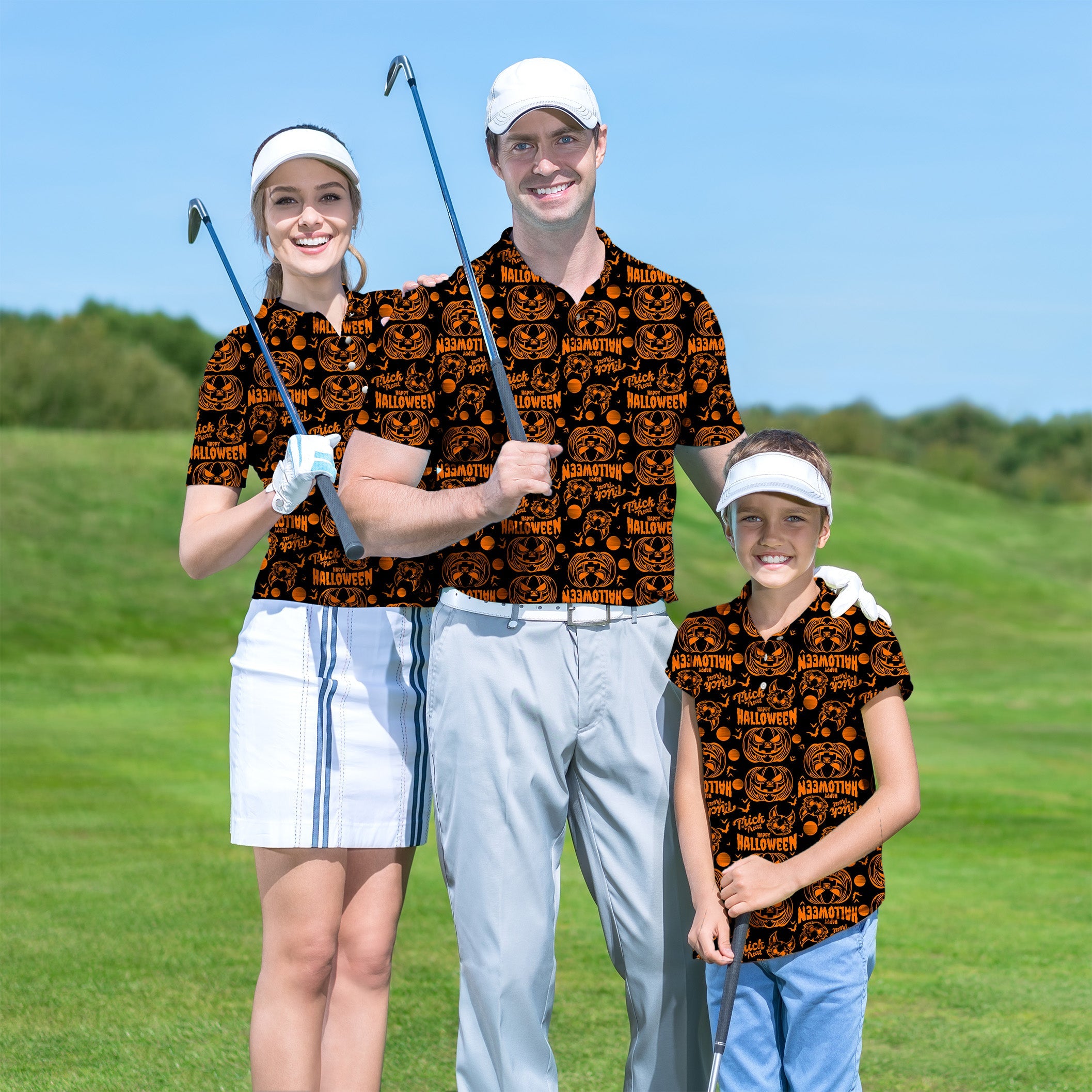 Family Happy Halloween golf family wearing matching pumpkin pattern polo shirts on golf course