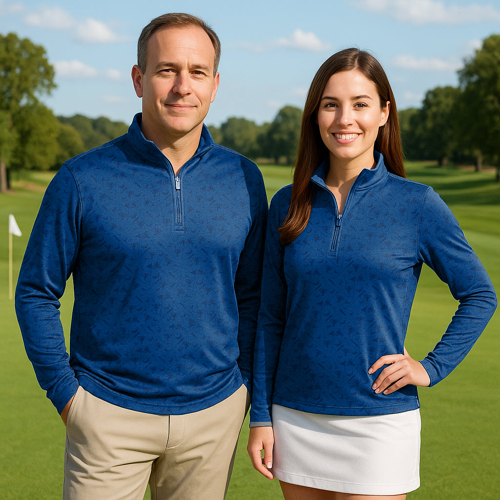 Navy blue couple wearing active golf 3/4 zip tops with long sleeves on golf course