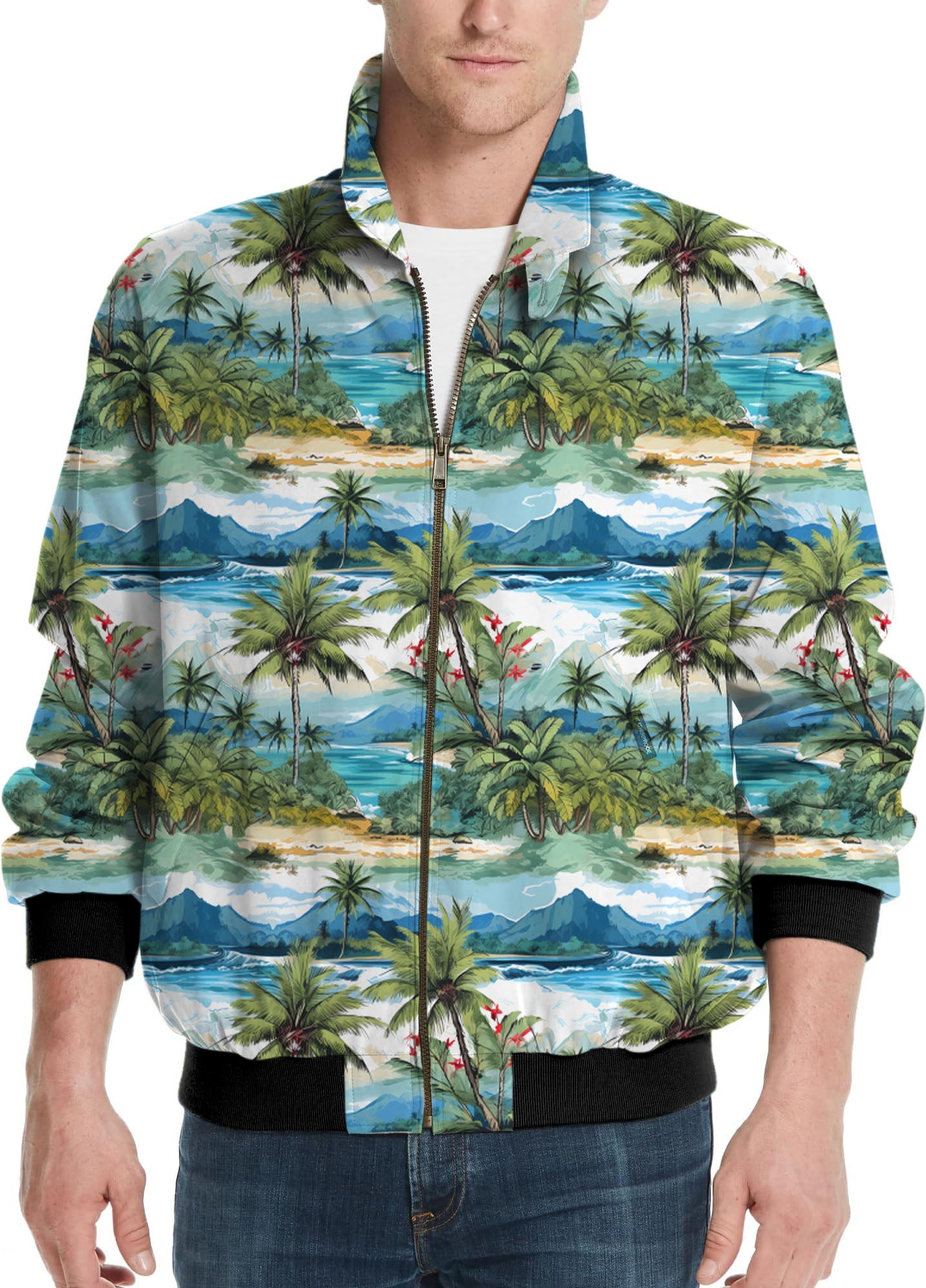 Men's golf windbreaker jacket with Hawaii palm tree and tropical landscape design