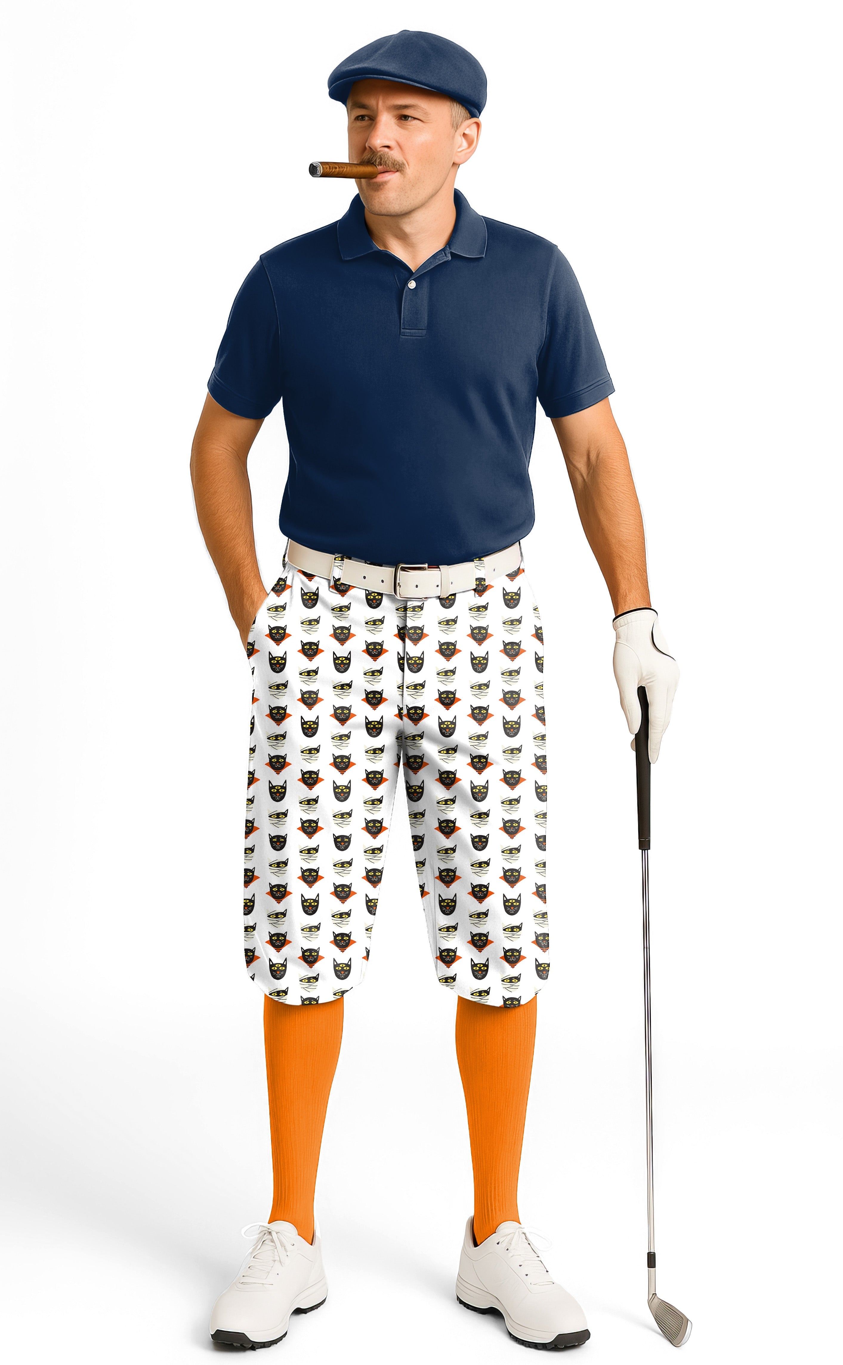 Men's Halloween Mummy Cat golf knickers with ankle cuffs and breathable fabric