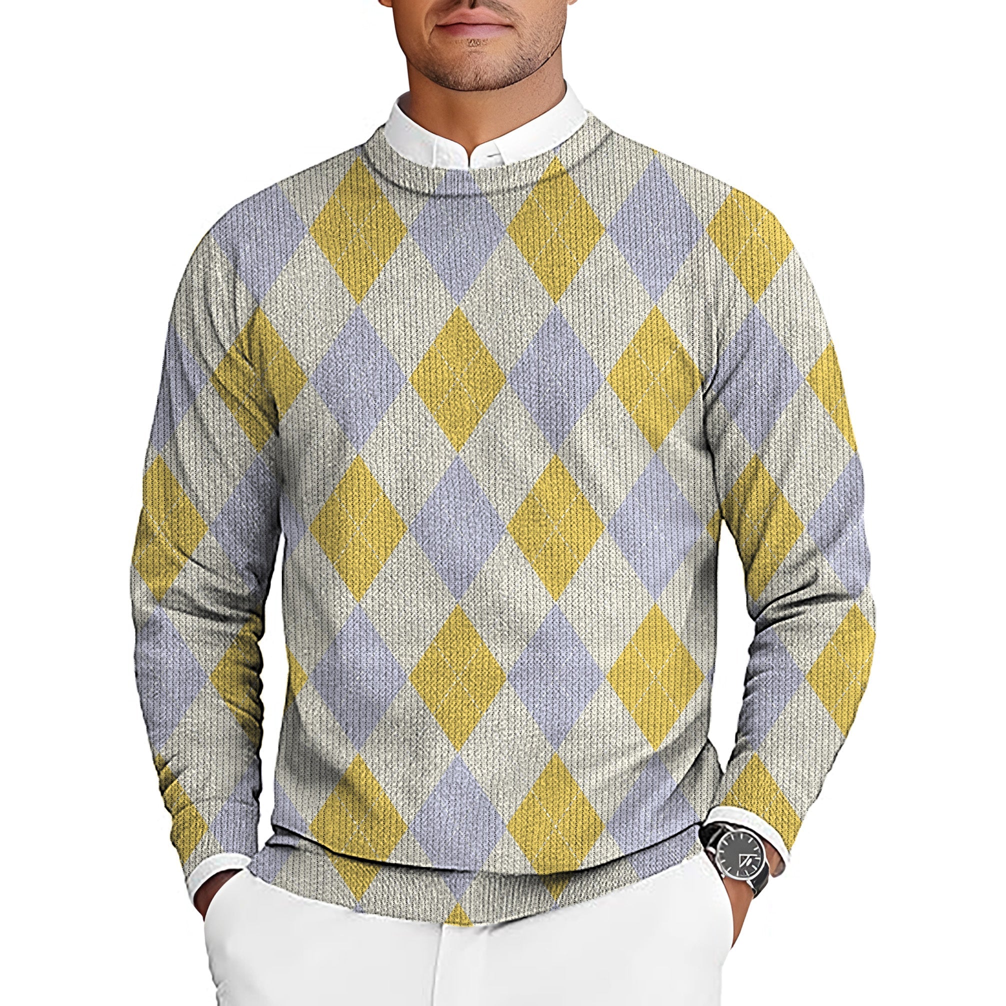 Yollow Argyle men's golf crewneck pullover sweater with yellow and gray argyle pattern