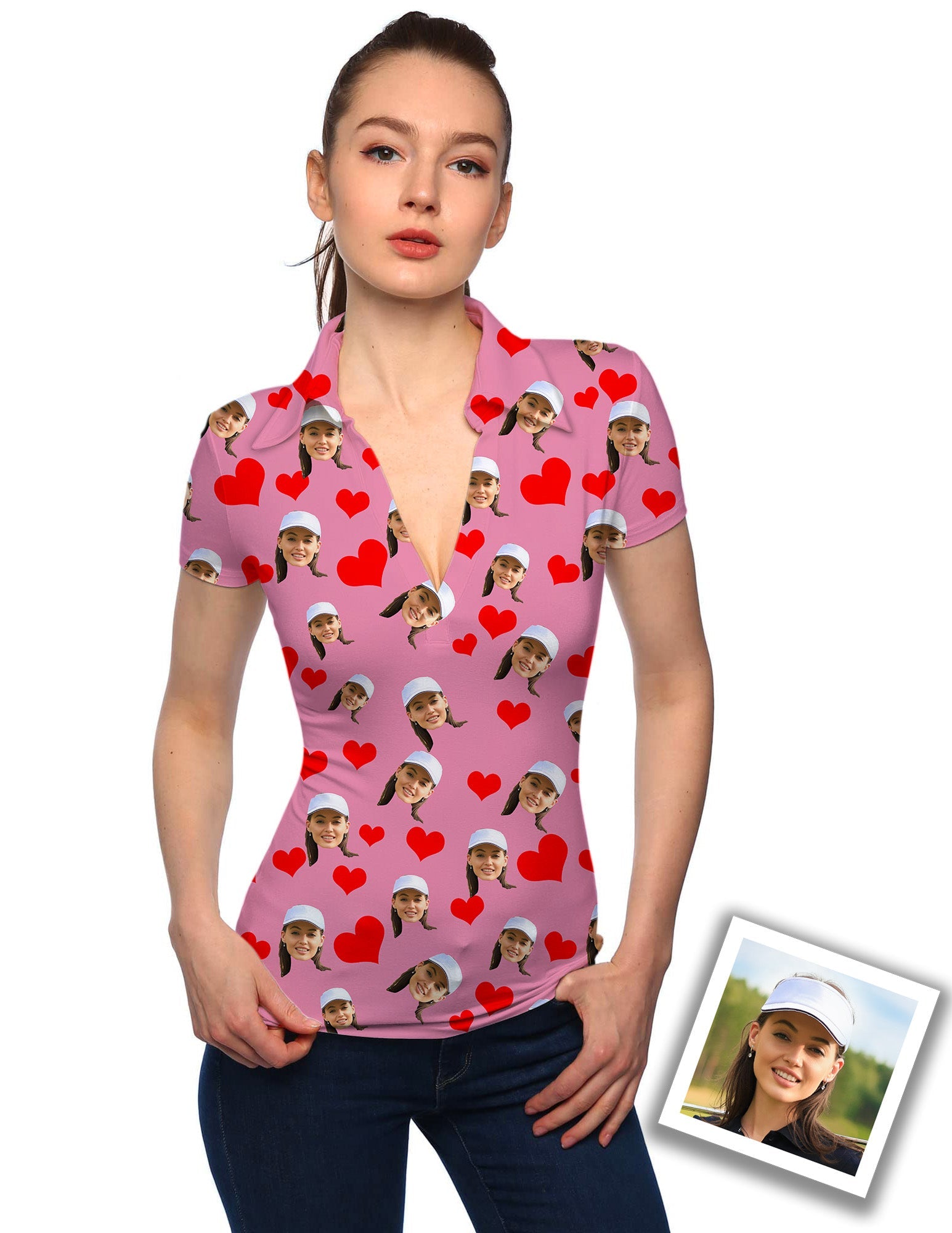 Women's custom red heart golf polo with photo print and V-neck design