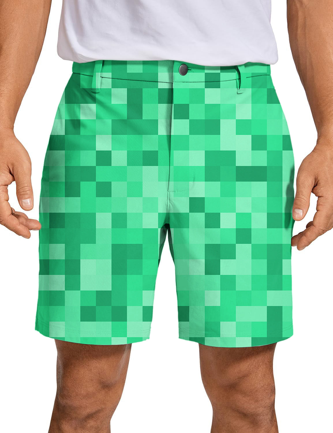 Men's green pixel pattern golf shorts with quick-dry, lightweight, and stretchy fabric for performance and comfort