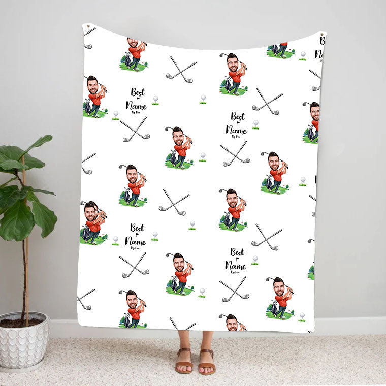 Custom photo face personalized golf fleece blanket with name and sports theme design
