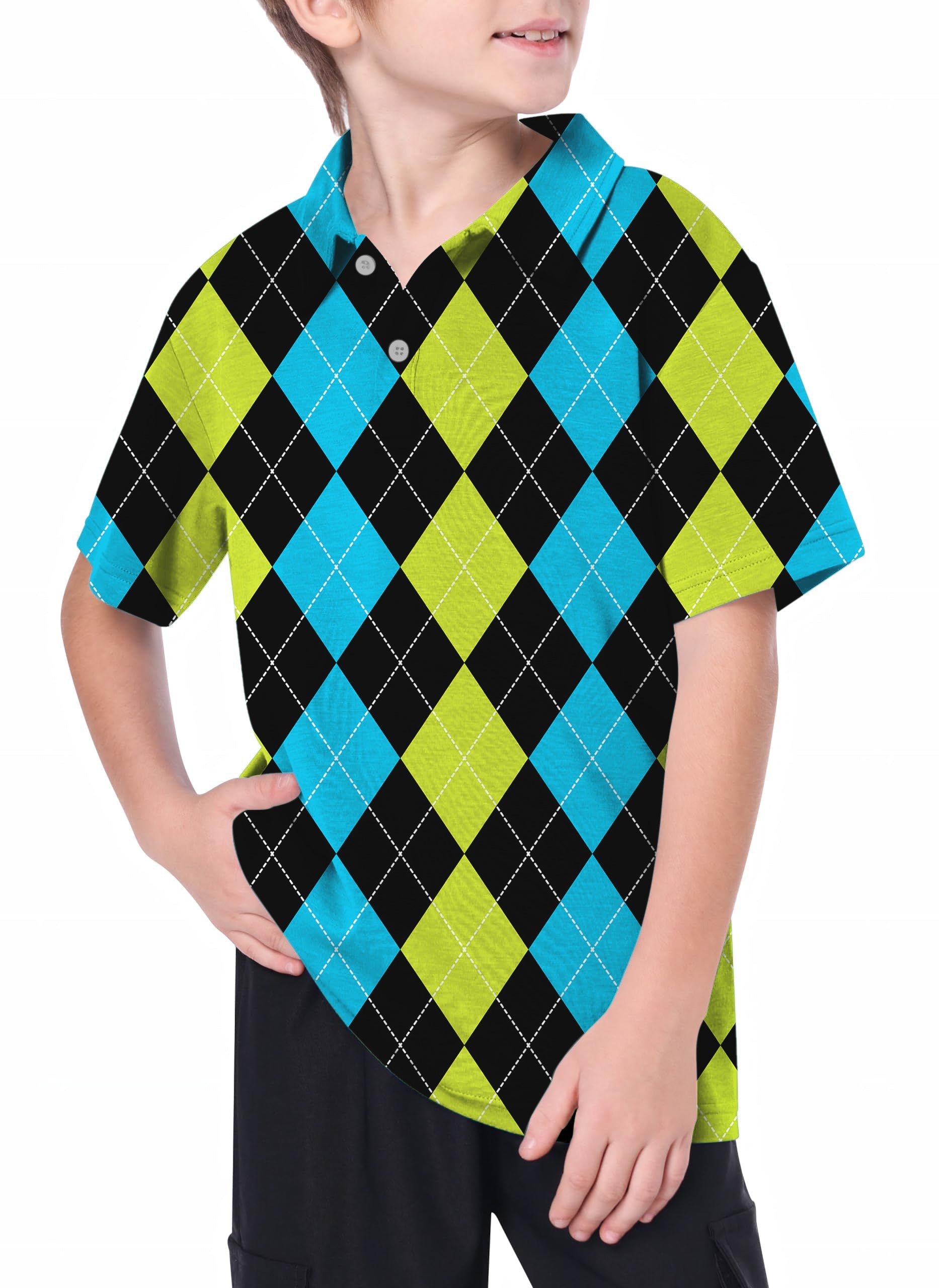 Youth golf polo with black, green, and blue argyle pattern, moisture-wicking and UPF 40+ protection.
