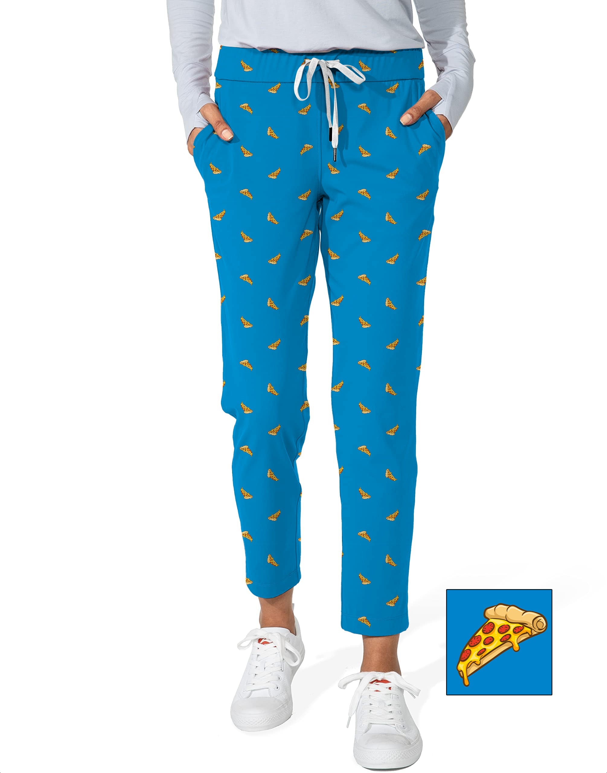 Women's 7/8 stretch ankle golf pants with custom white pizza print and blue background