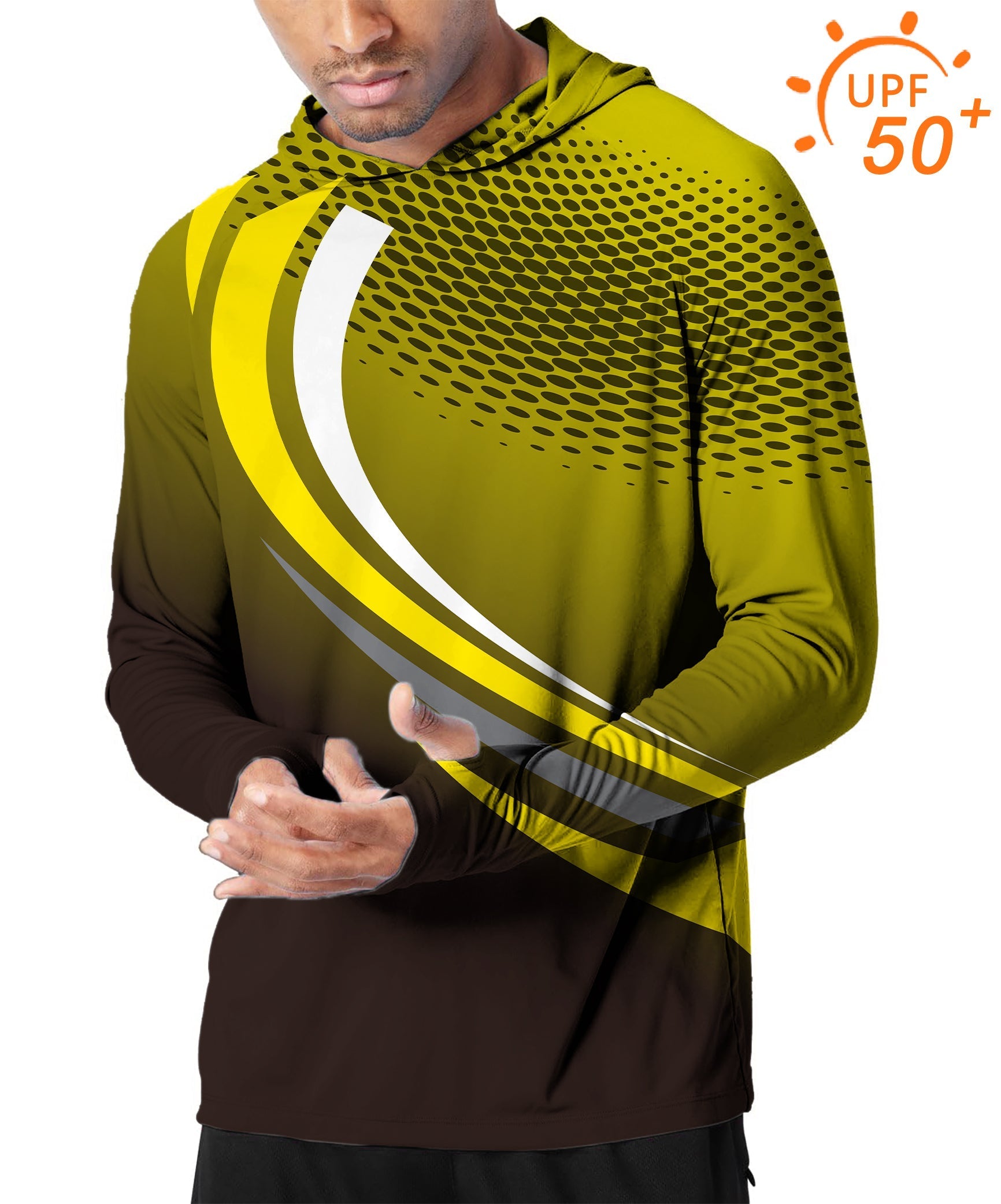 Men's yellow and black slim fit hooded golf shirt with UPF 50+ sun protection and custom sport design