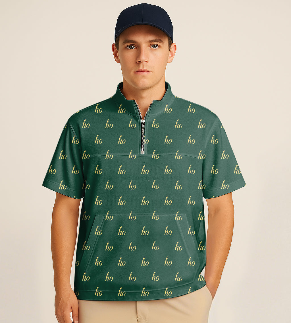 Dark green half zipper turtleneck golf short shirt with custom Christmas embroidery pattern