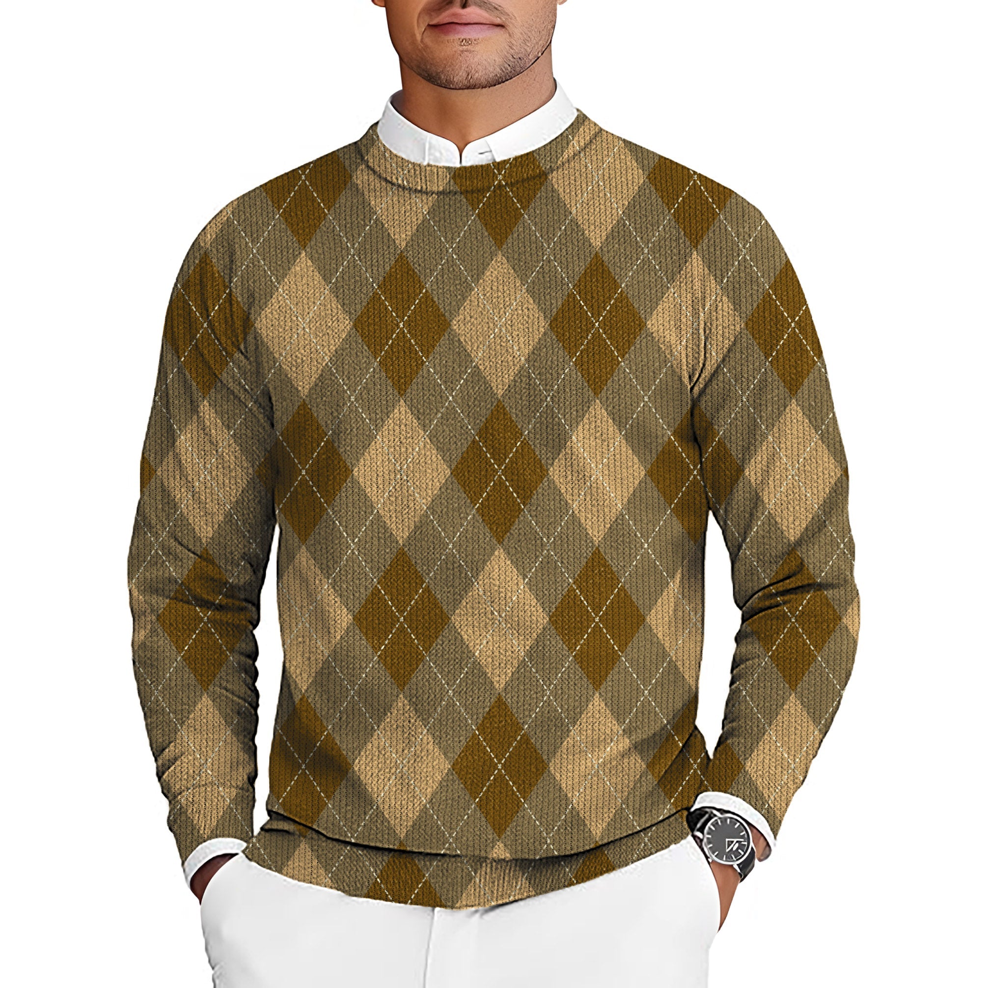 brown argyle men's golf crewneck pullover sweater with diamond pattern