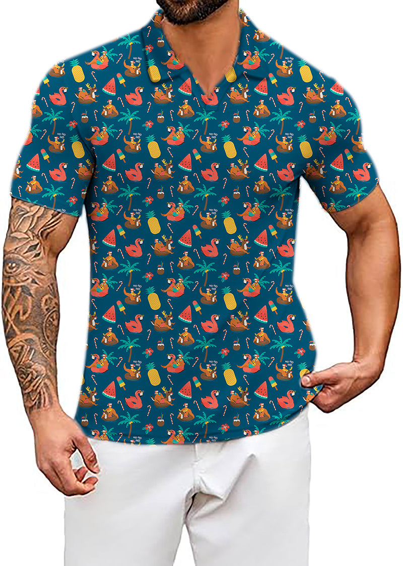 Men's Coconut Palm navy blue ink dots V-neck shirt with tropical print and short sleeves