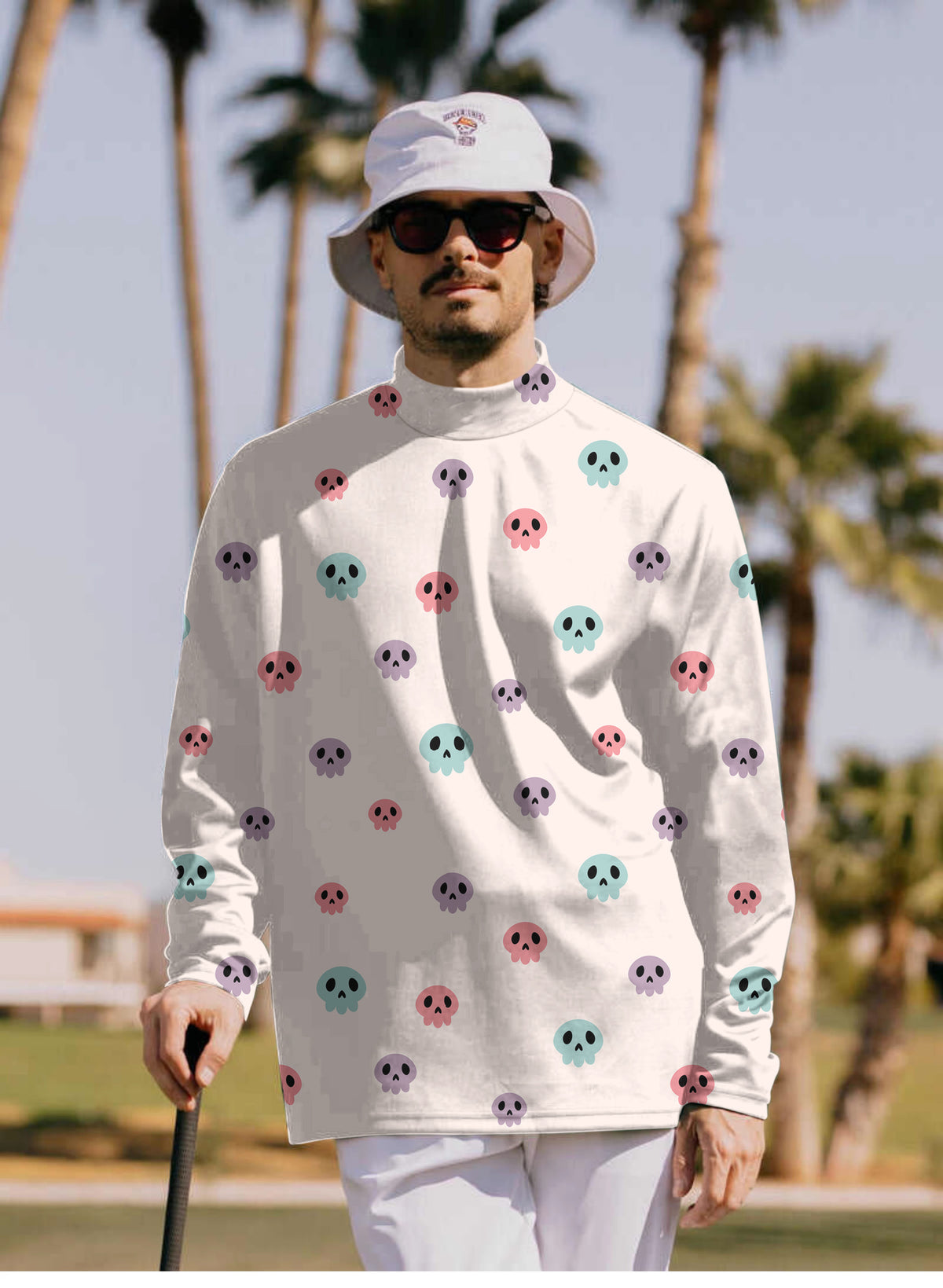 Men's Colorful Halloween Skull Mock Neck Long/Short Sleeve Golf Tops