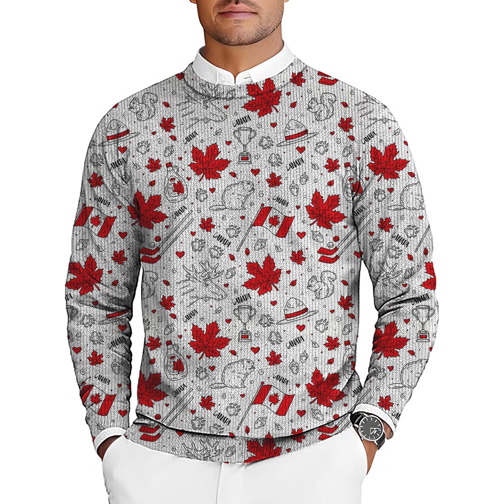 Canadian Balloon Squirrel maple leaves men's golf crewneck pullover sweater with red maple leaf and Canadian flag pattern