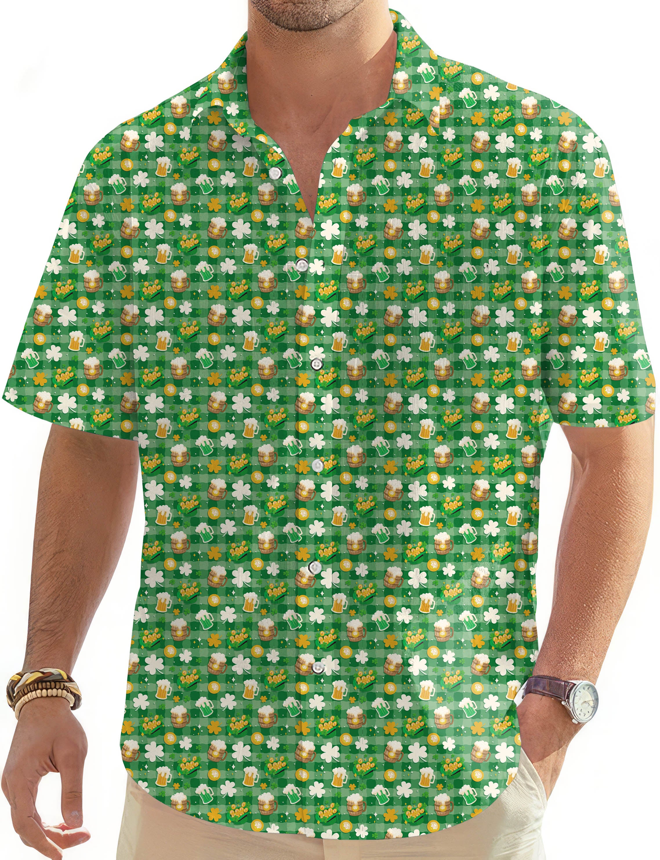 Green beer and clover leaf St. Patrick's Day-Men's Golf Hawaiian Shirts Button Down Shirt