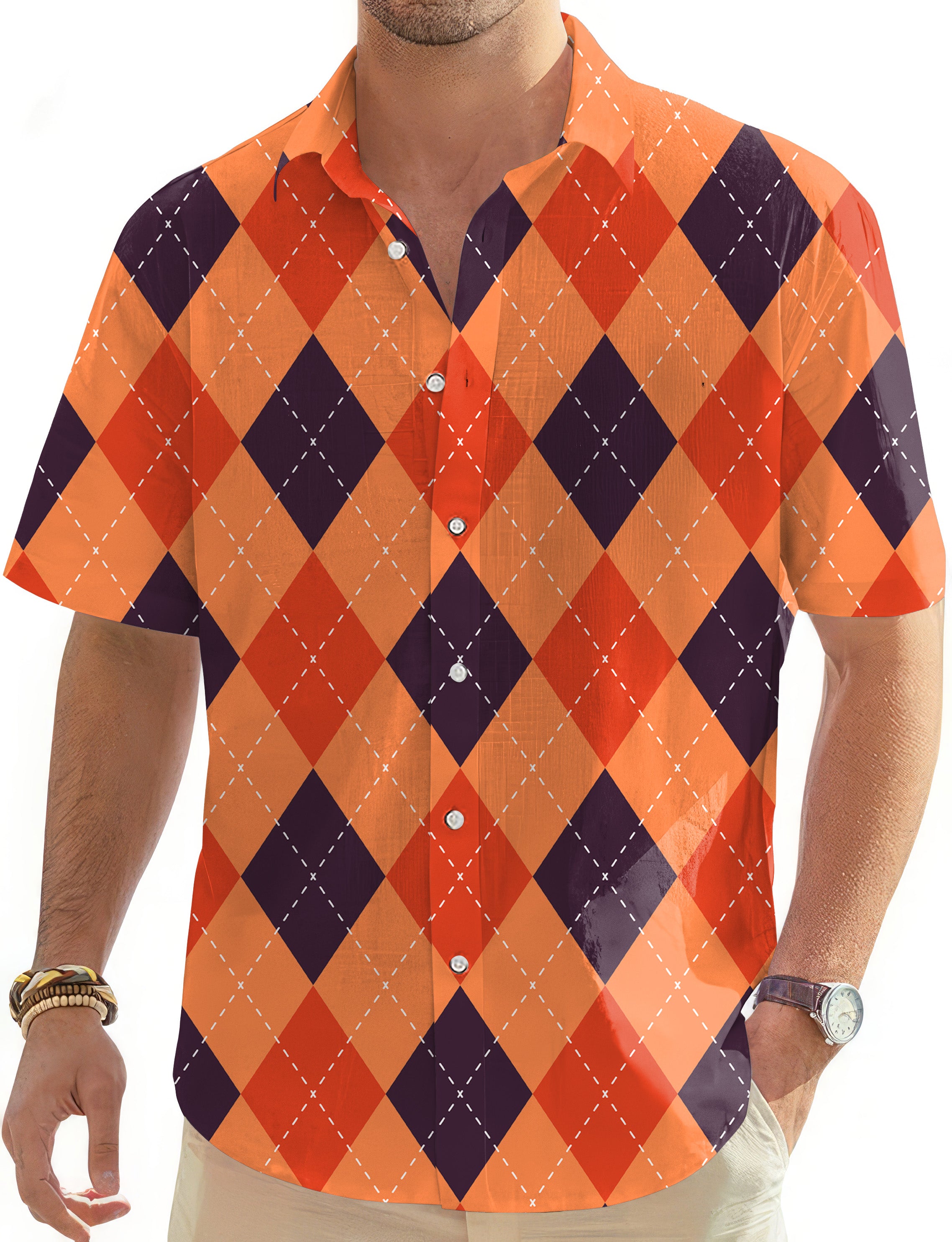 Halloween Black Red Orange Argyle Men's Golf Hawaiian Shirts Button Down Shirt