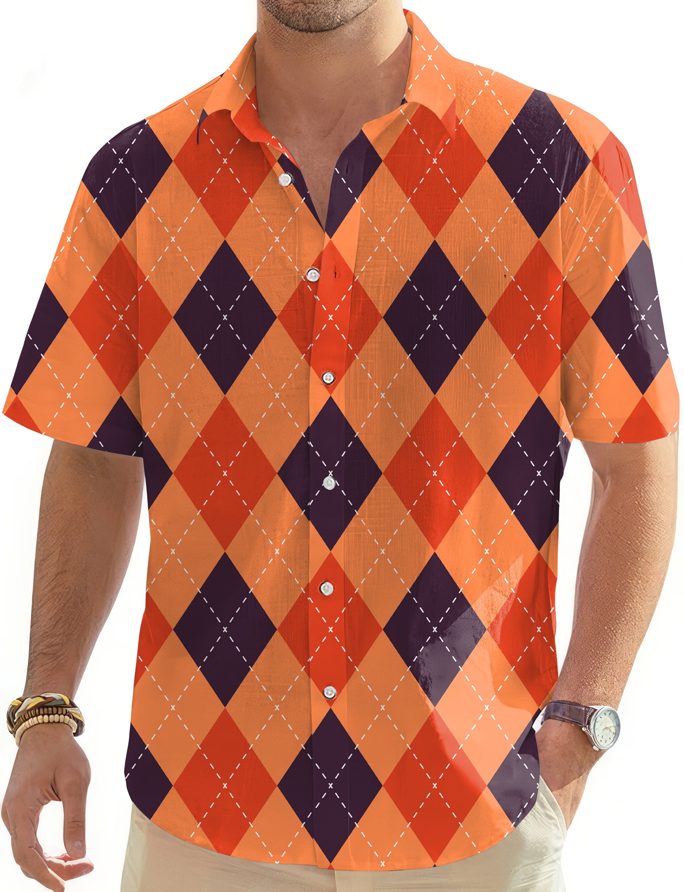 Halloween black red orange argyle men's short sleeve button-down golf shirt