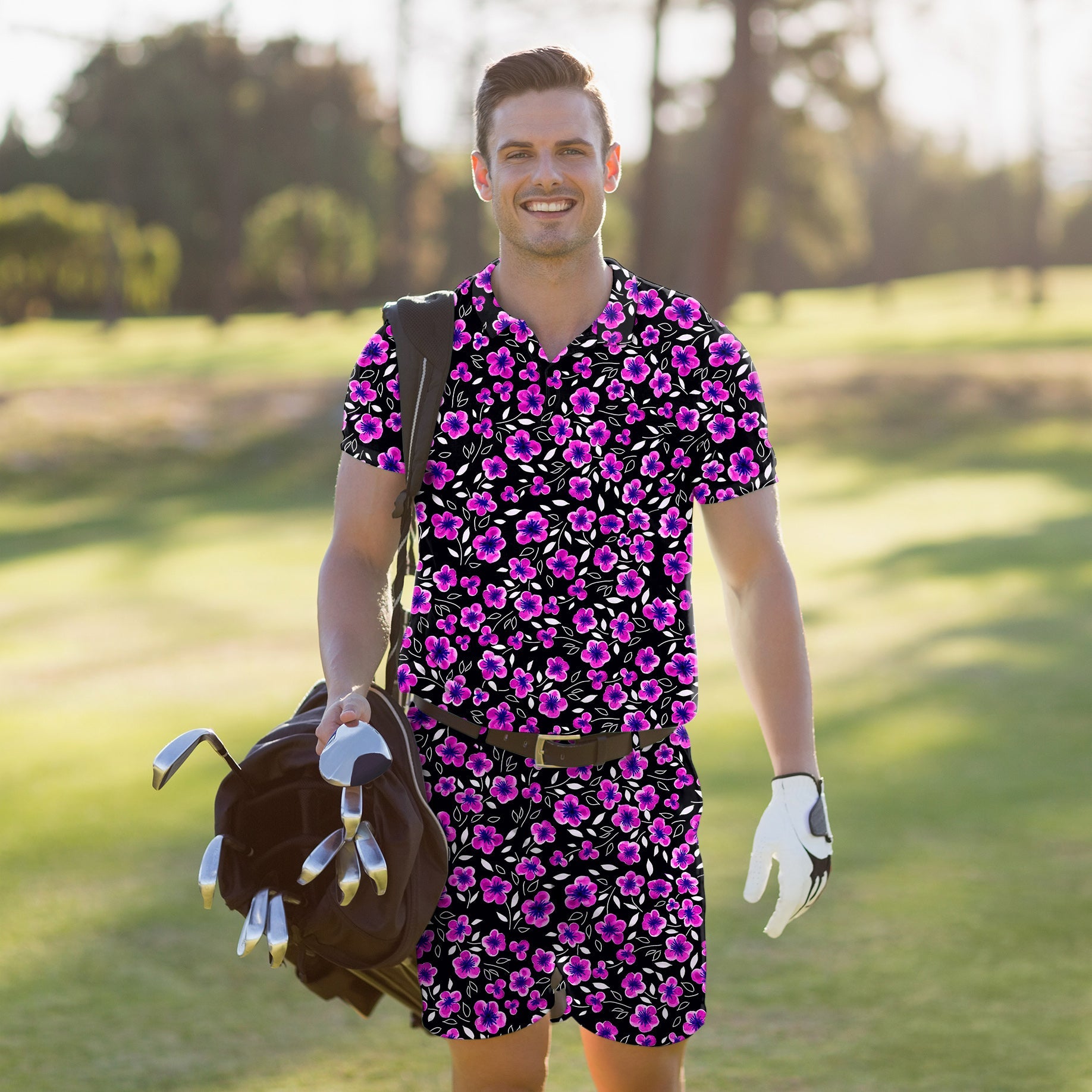 Men's Golf Set floral polo and shorts with four-way stretch, moisture-wicking, UPF 40+ protection, wrinkle-resistant fabric, and classic fit for comfort and style on the course.