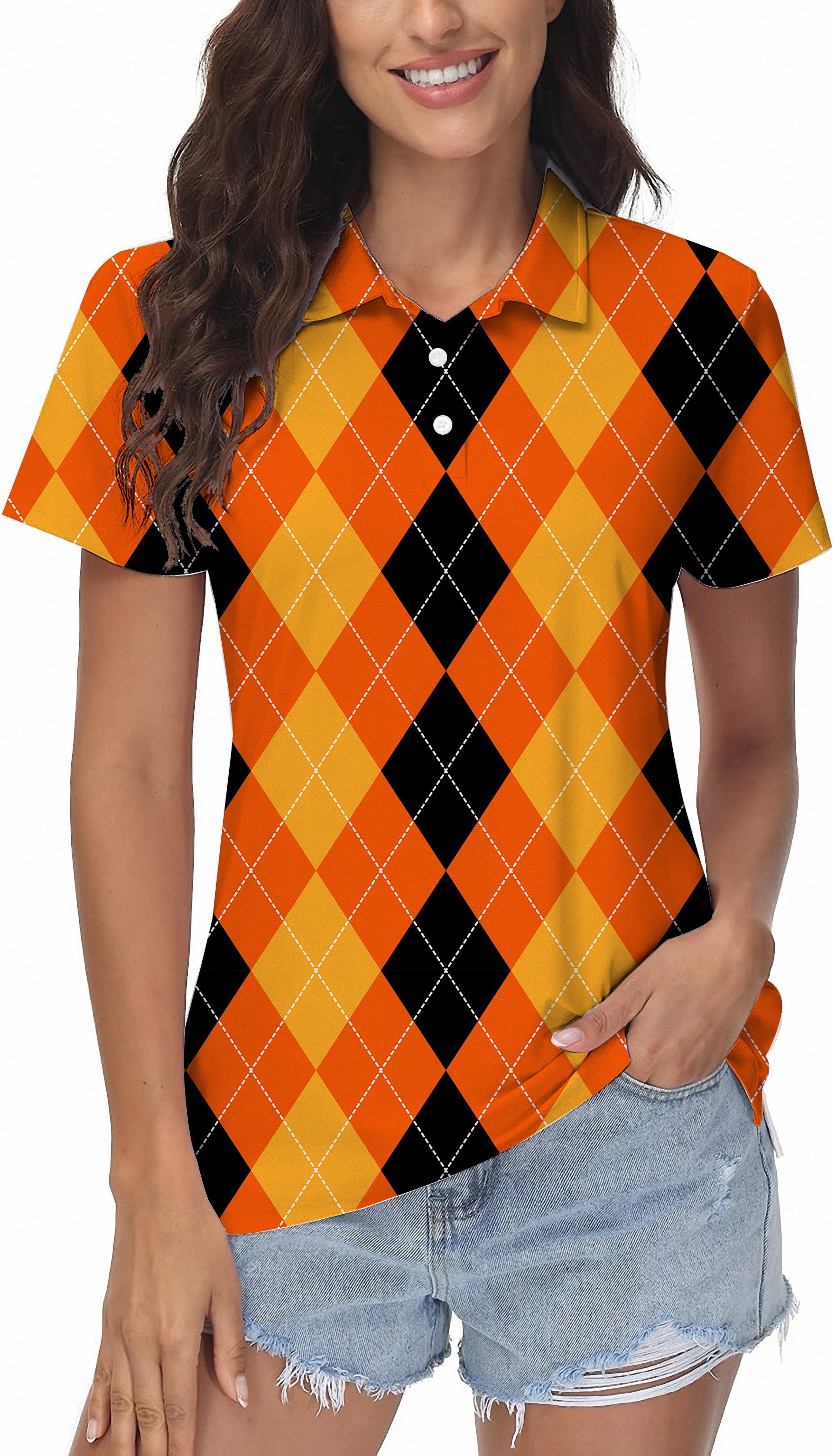 Halloween black yellow orange argyle women's golf polo shirt with moisture-wicking fabric and classic fit