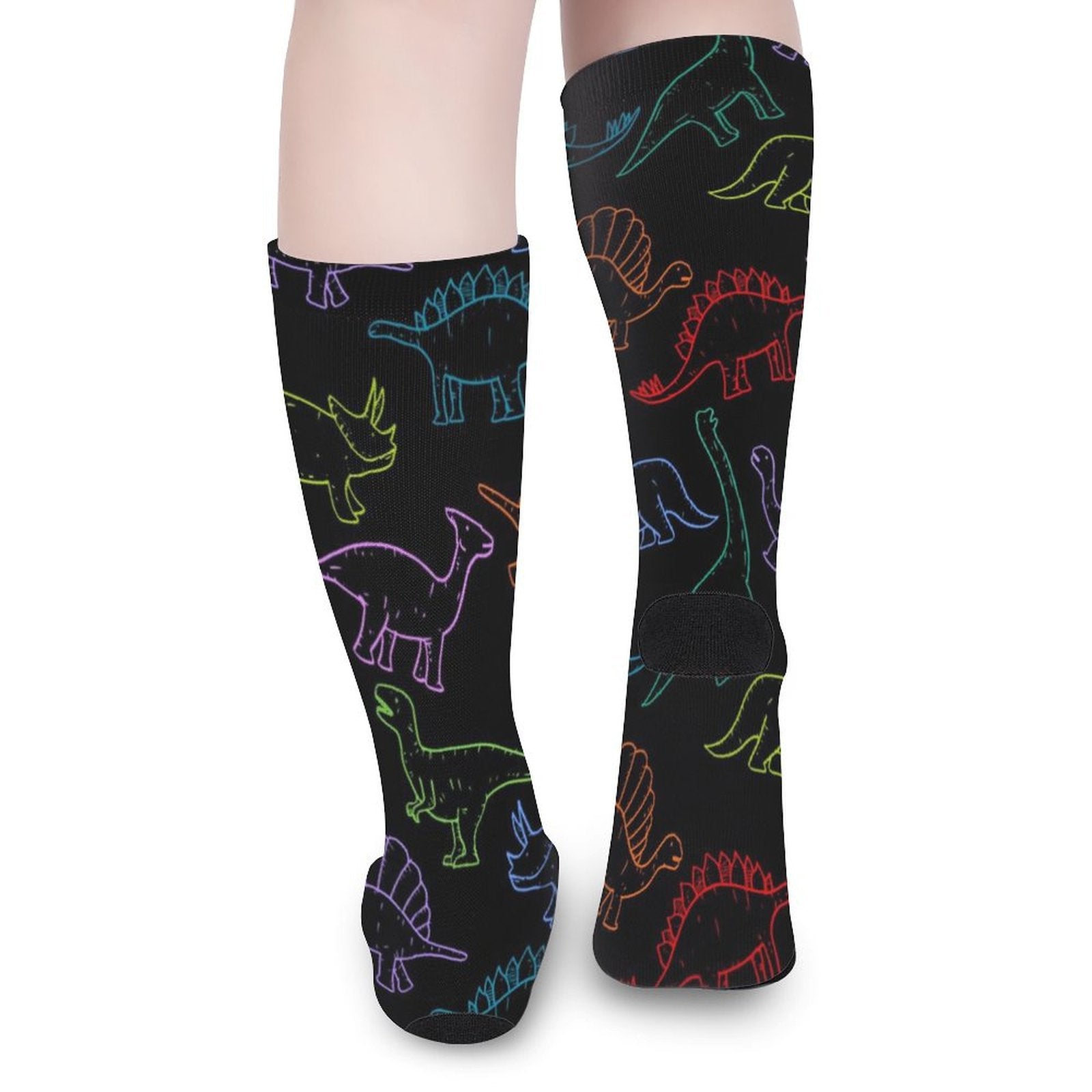 Black crew socks with colorful electric dinosaur prints, cushioned sole, soft polyester blend, trendy gift for men and women