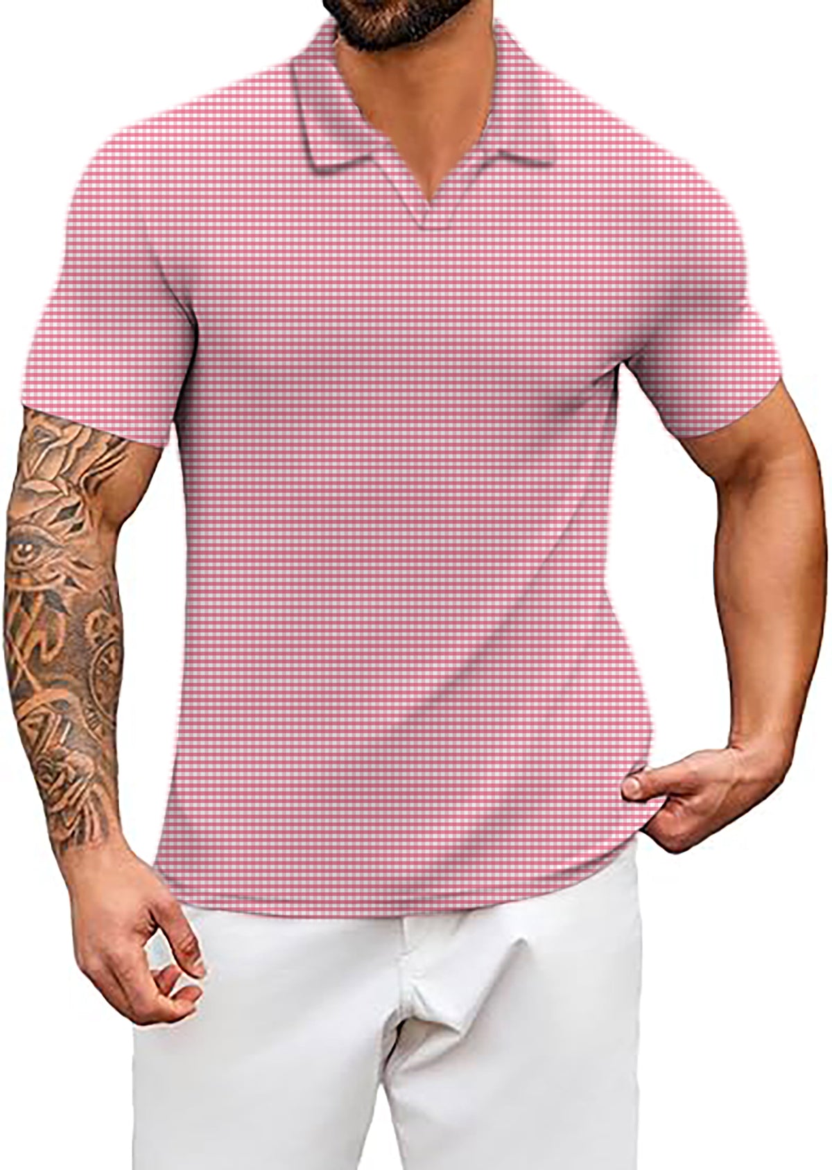 Men's Pink striped and checkered squares V Neck Golf Polo Shirts