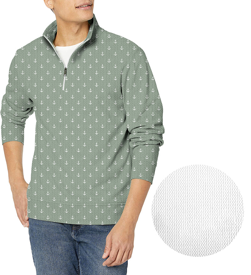 Light green anchor men's golf waffle zipper pullover with textured fabric close-up