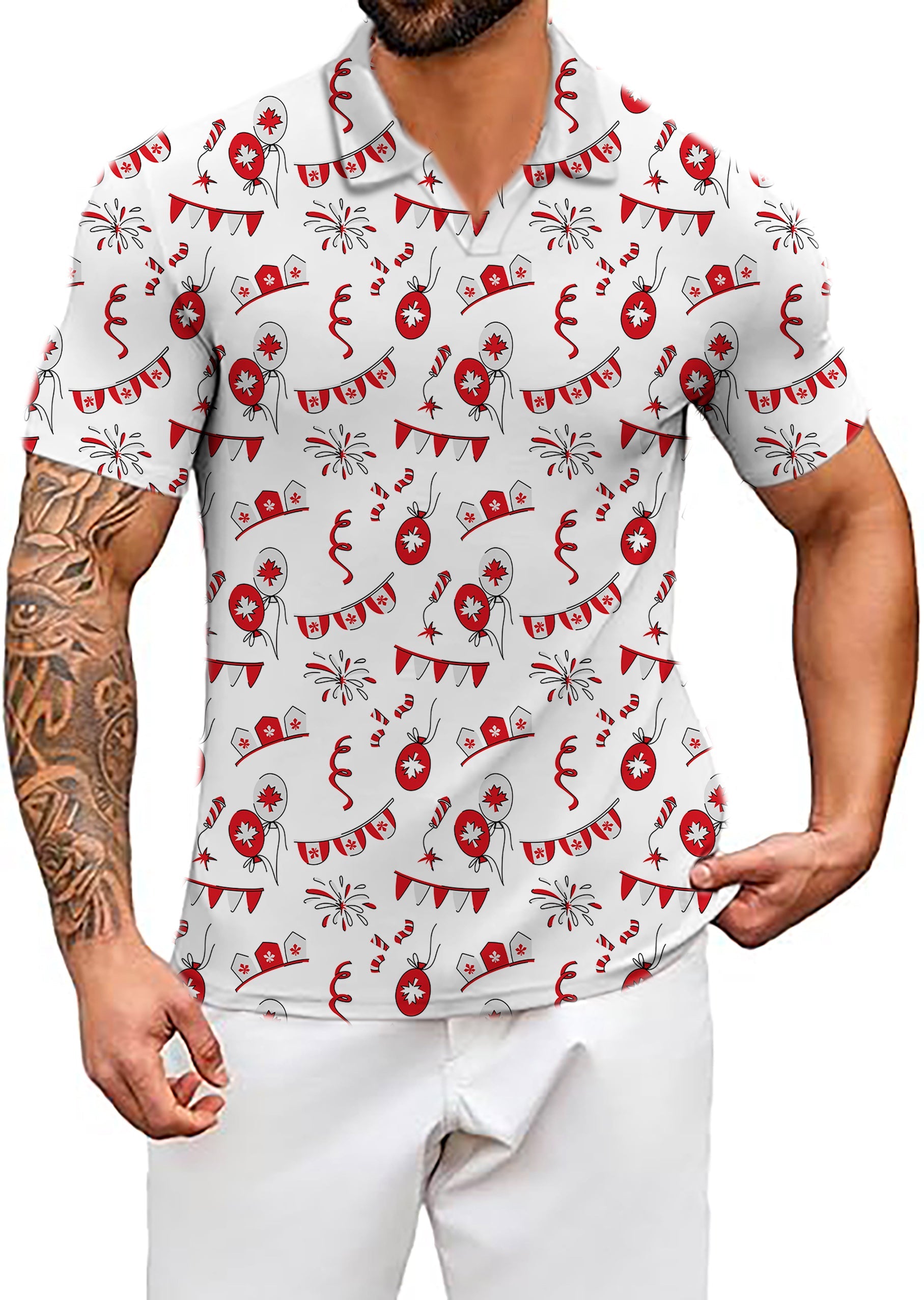 Men's Coconut Palm Canadian flag golf polo shirt with red and white celebration pattern, customized fit and moisture-wicking fabric