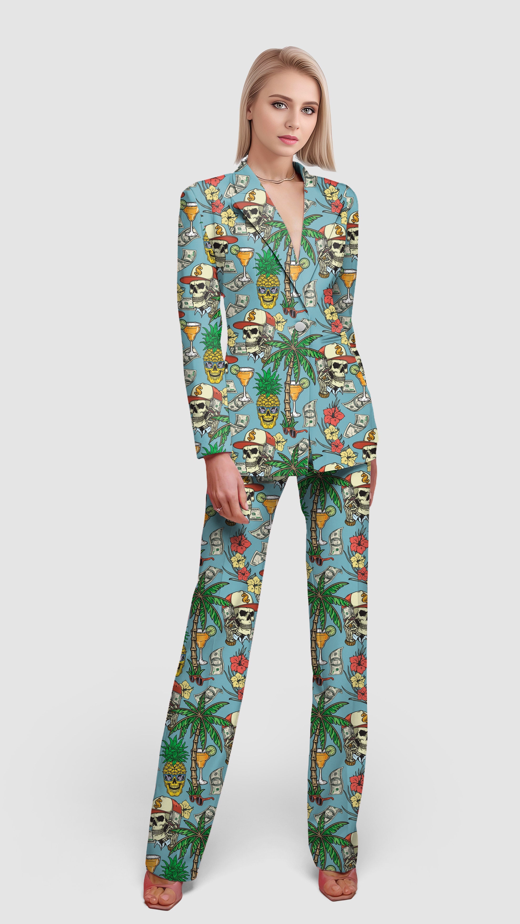 Party-Time-Women's Blazer with colorful skull and tropical print suit set for casual and office wear