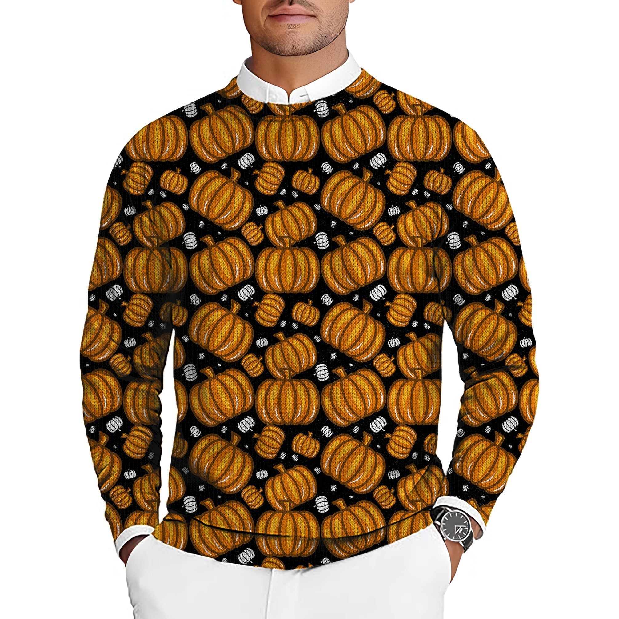 Halloween Pumpkin Family men's golf crewneck pullover sweater with orange pumpkin pattern on black background