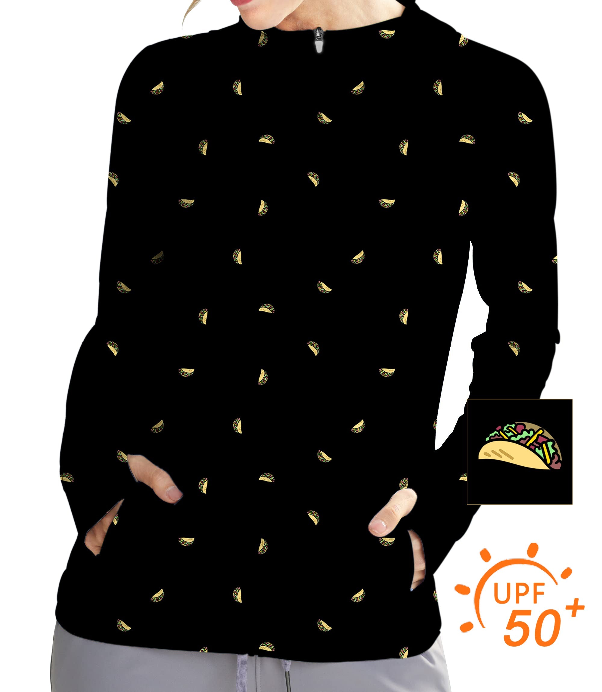 Women's black slim fit zip hoodie with custom taco print and UPF 50+ sun protection