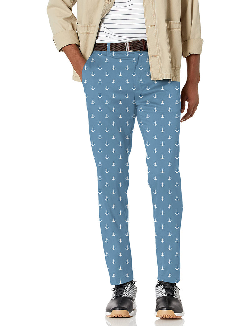 Men's sea blue anchor patterned stretch golf pants with moisture-wicking fabric and active waistband
